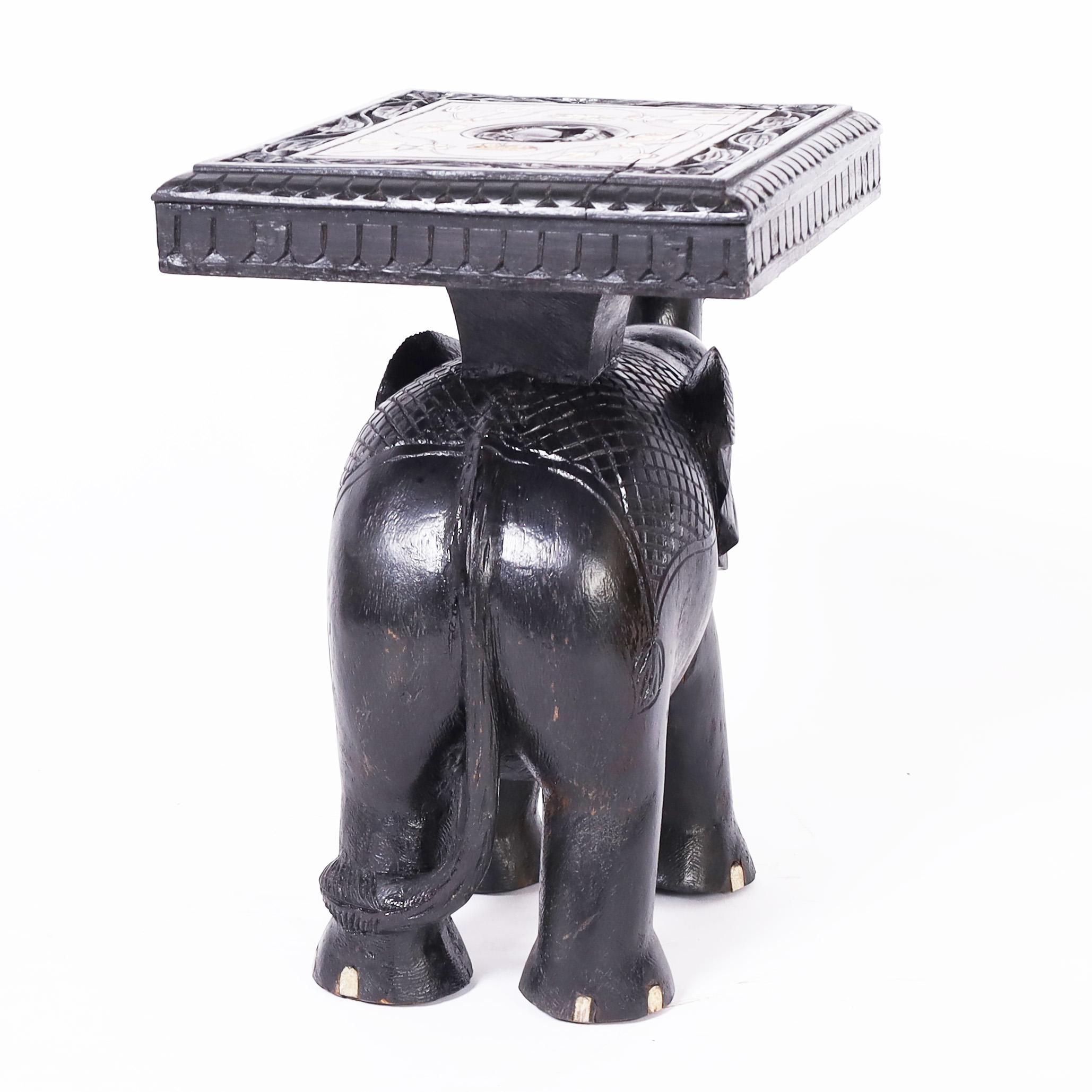 Pair of Antique Anglo Indian Teak Carved and Ebonized Elephant Stands or Tables In Good Condition In Palm Beach, FL