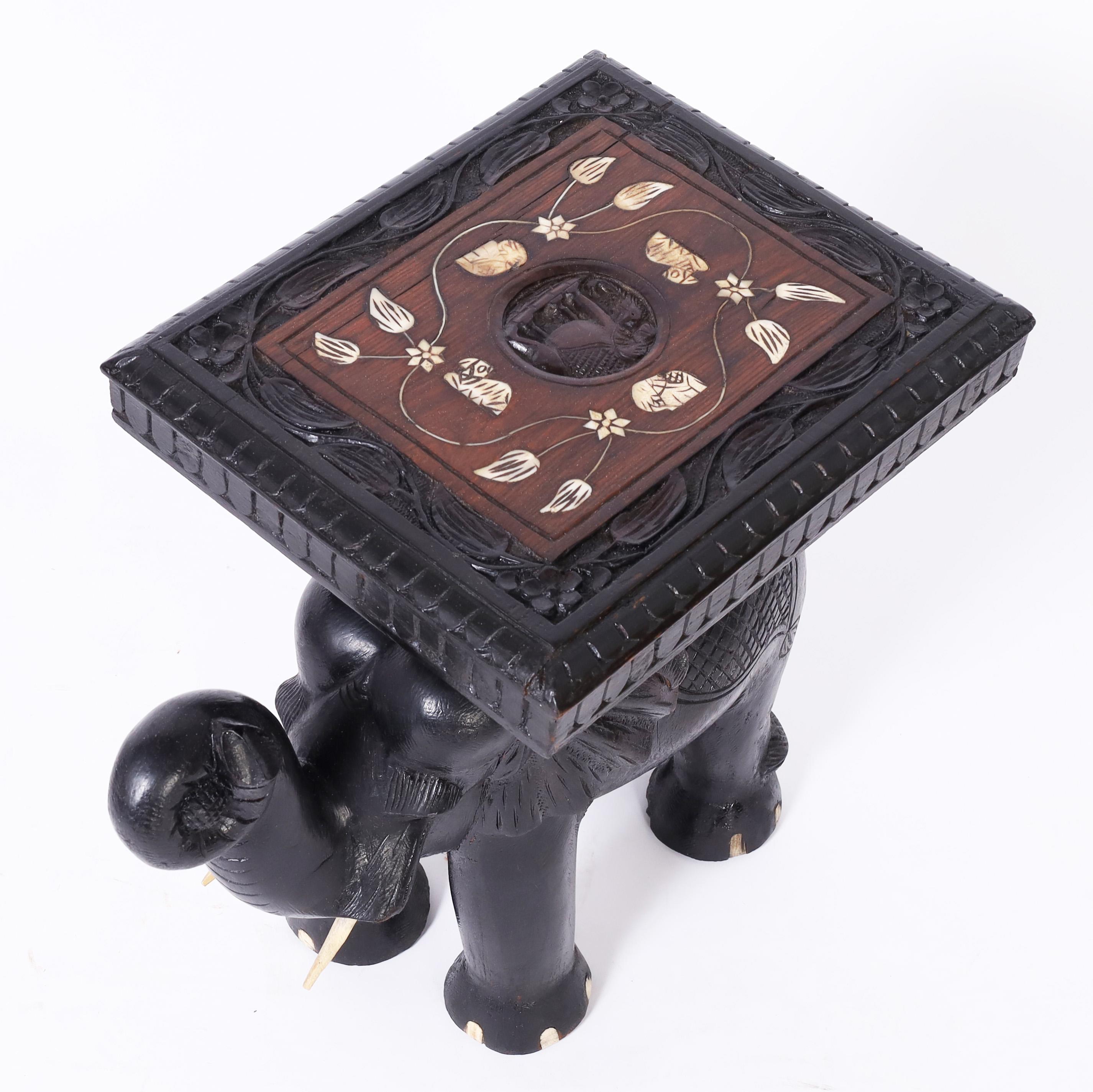 Pair of Antique Anglo Indian Teak Carved and Ebonized Elephant Stands or Tables 1
