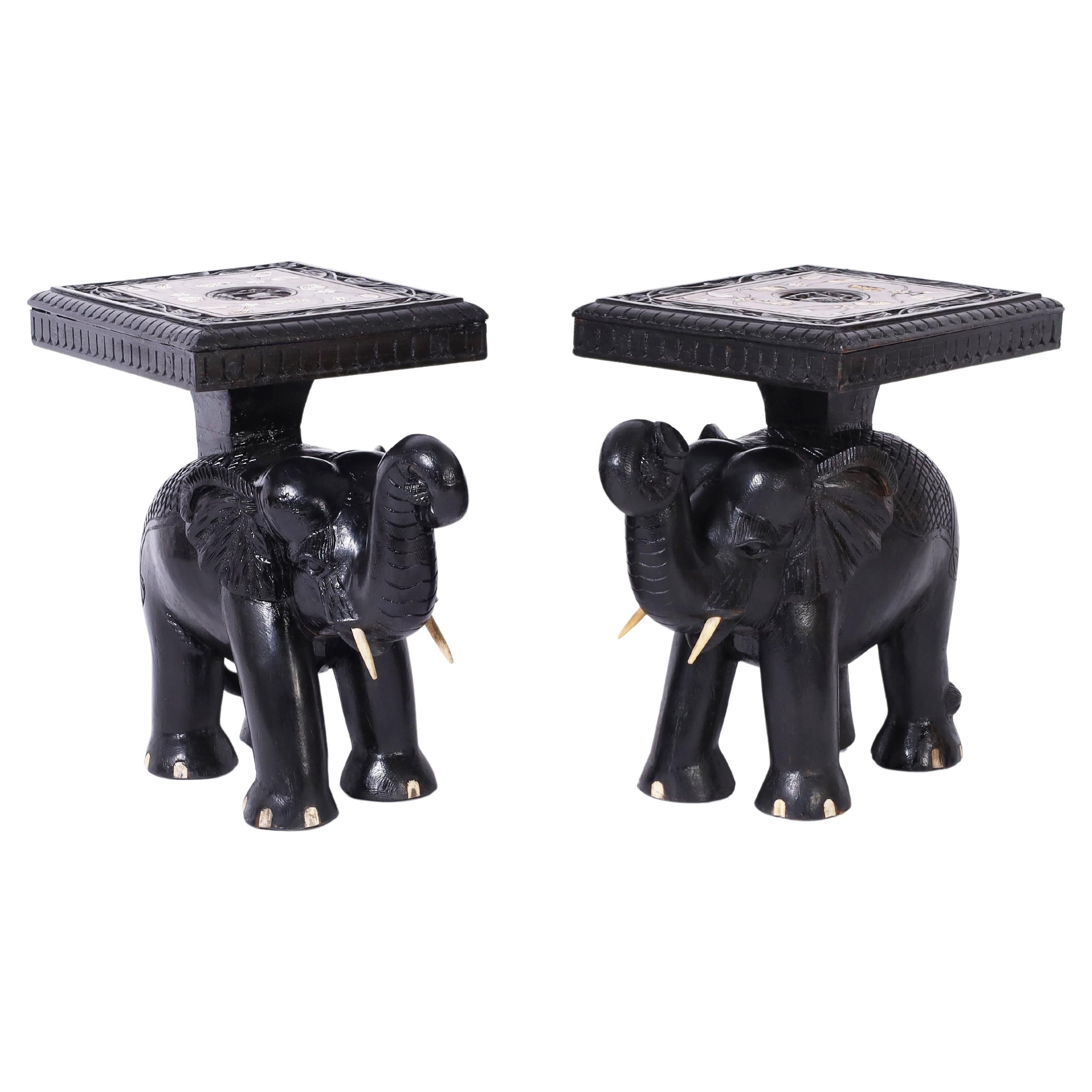 Pair of Antique Anglo Indian Teak Carved and Ebonized Elephant Stands or Tables For Sale