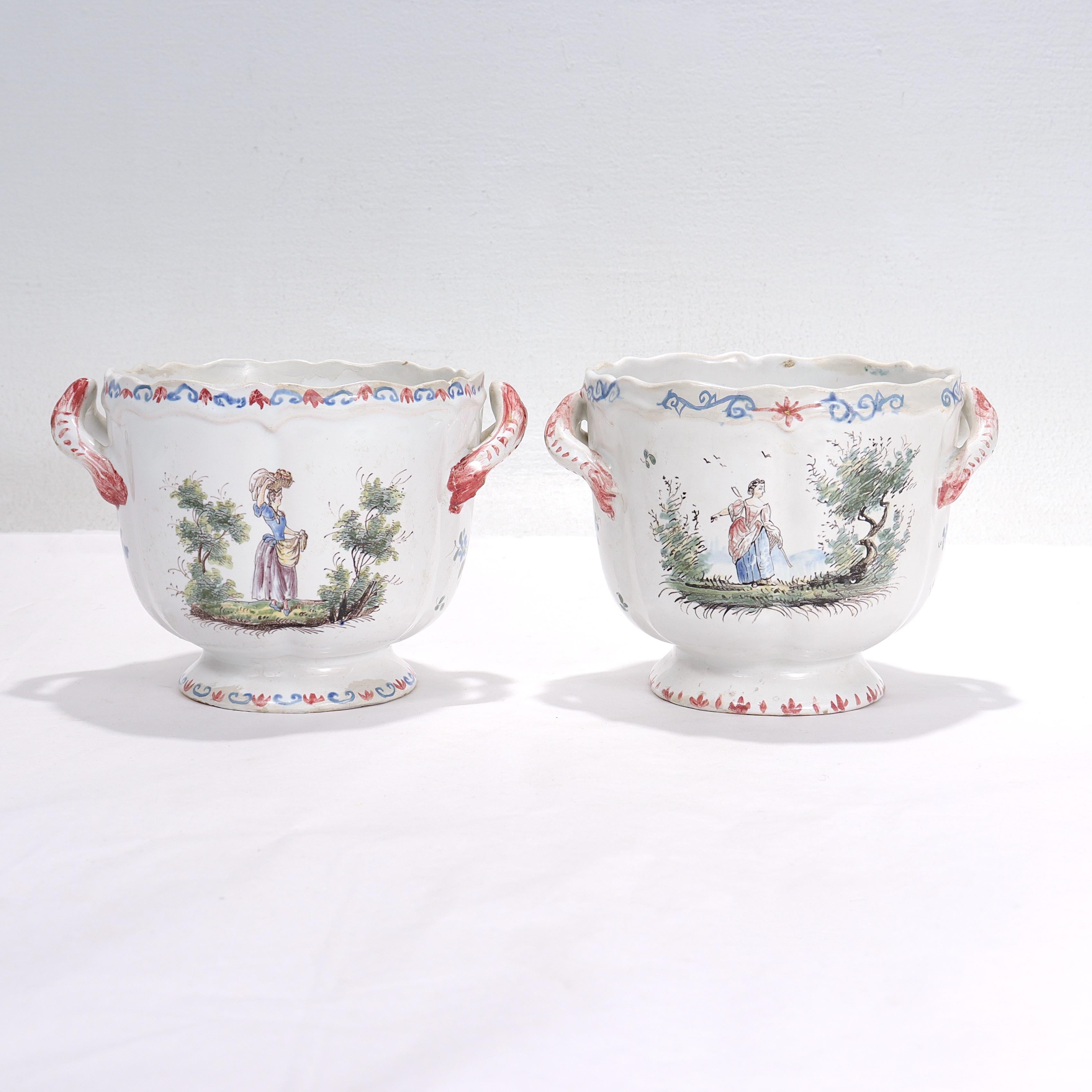 Hand-Painted Pair of Antique Aprey French Faience Pottery Cachepots or Jardinieres For Sale