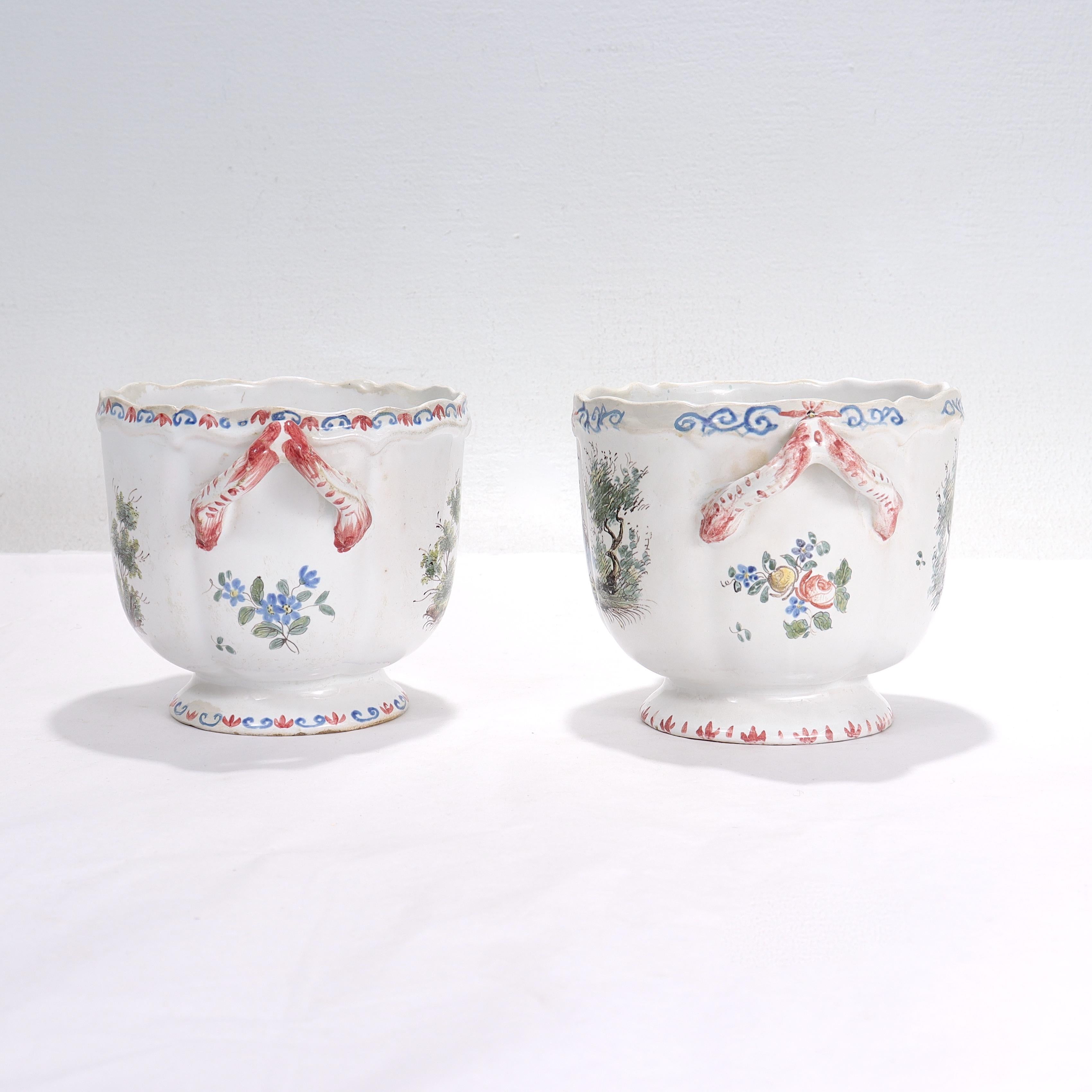 Pair of Antique Aprey French Faience Pottery Cachepots or Jardinieres In Fair Condition For Sale In Philadelphia, PA