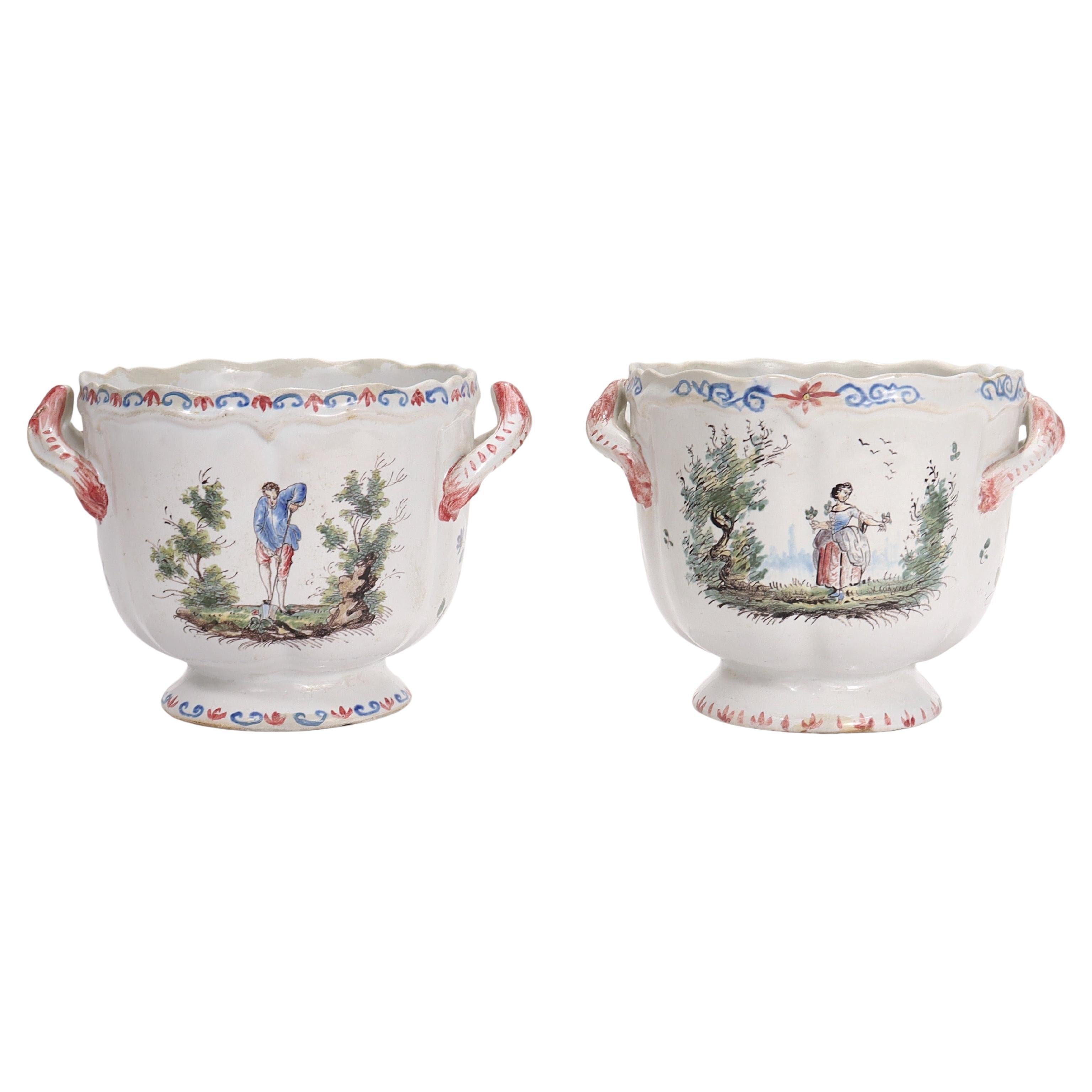 Pair of Antique Aprey French Faience Pottery Cachepots or Jardinieres For Sale