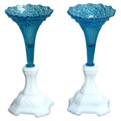 Pair of Vintage Aqua and Milk Glass Vases C1920