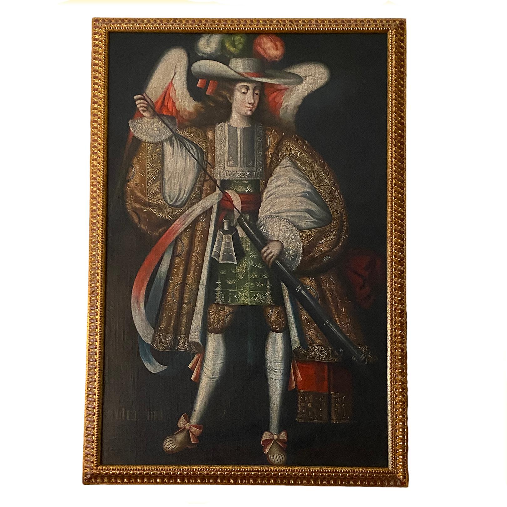 Mid-20th Century Pair of Spanish Colonial Archangel Paintings For Sale
