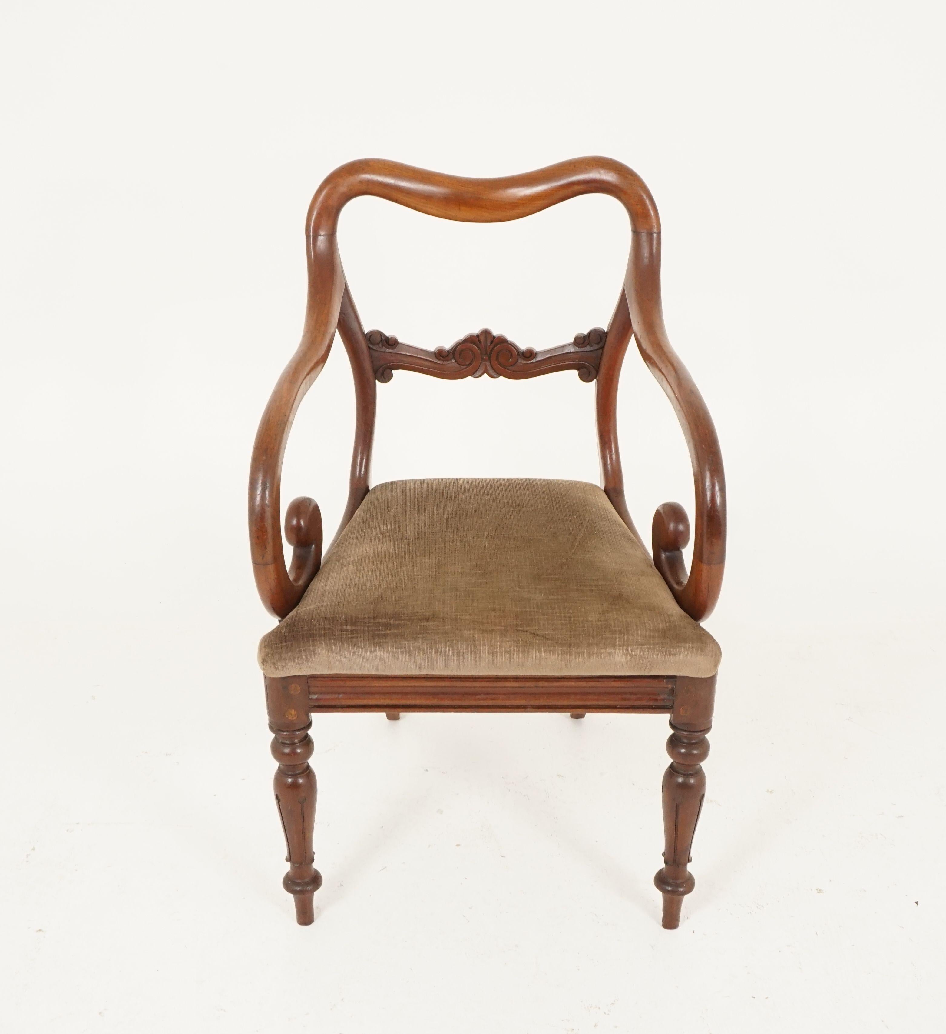 Scottish Pair Victorian Mahogany Antique Arm Dining, Library Chairs, Scotland 1840, B2473