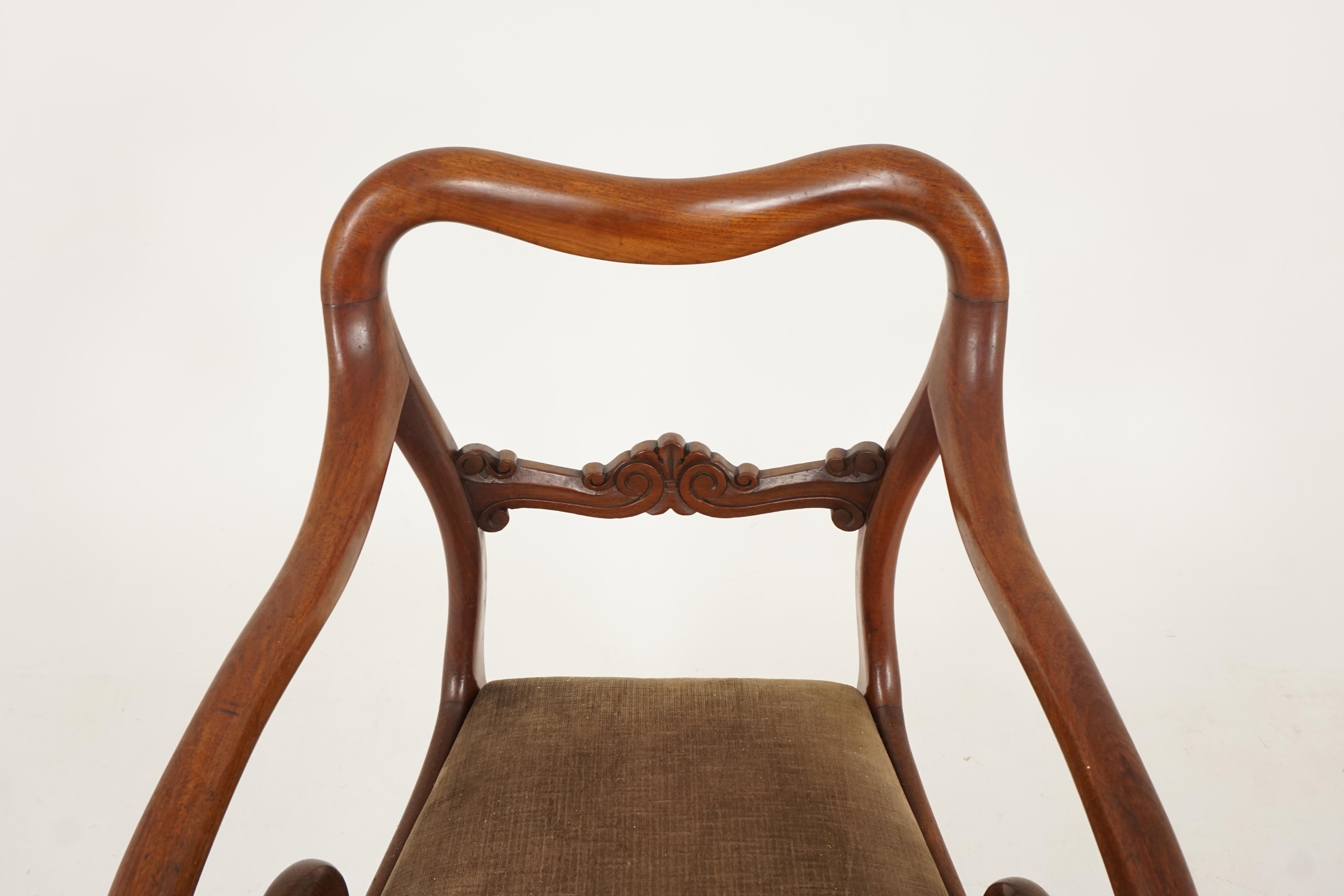 Pair Victorian Mahogany Antique Arm Dining, Library Chairs, Scotland 1840, B2473 In Good Condition In Vancouver, BC