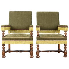 Pair of Antique Armchairs, English Oak Edwardian Jacobean Revival Chairs