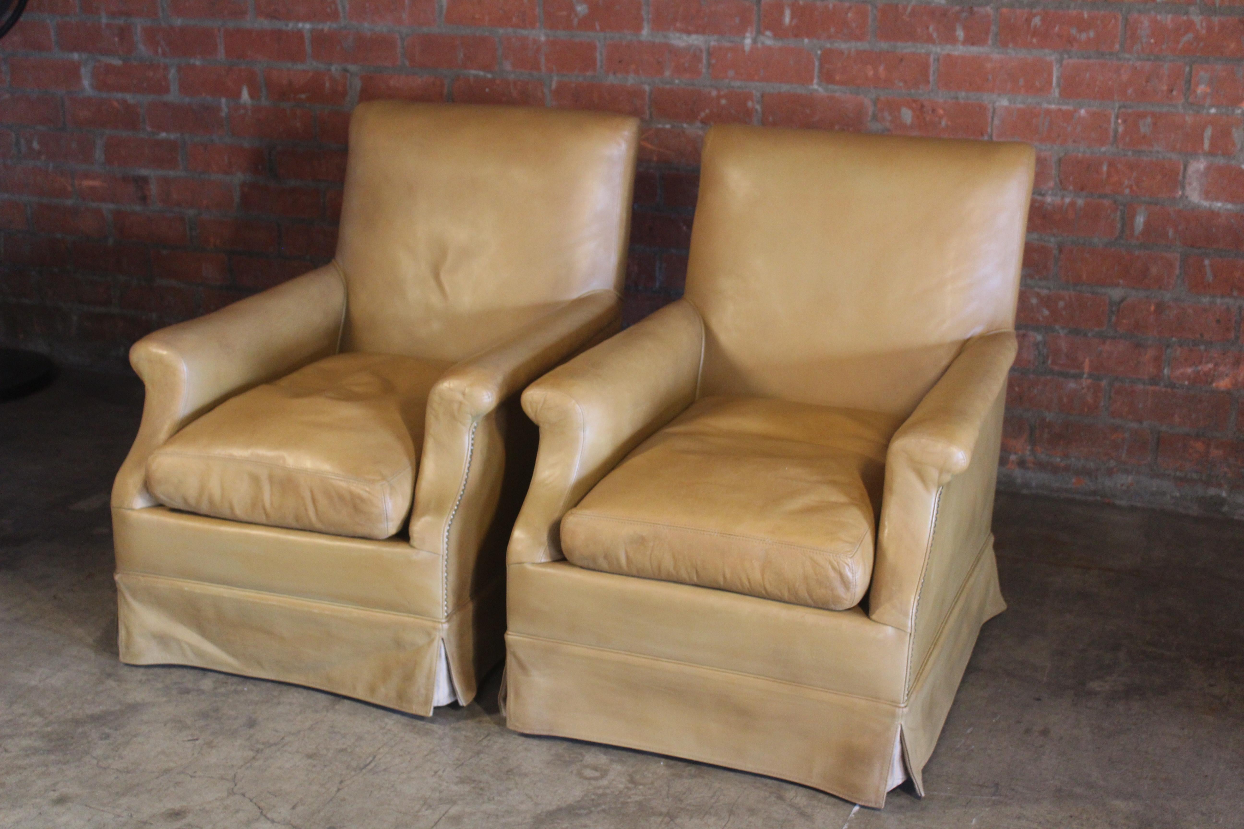 Mid-20th Century Pair of Antique Armchairs in Original Leather, France, 1930s For Sale