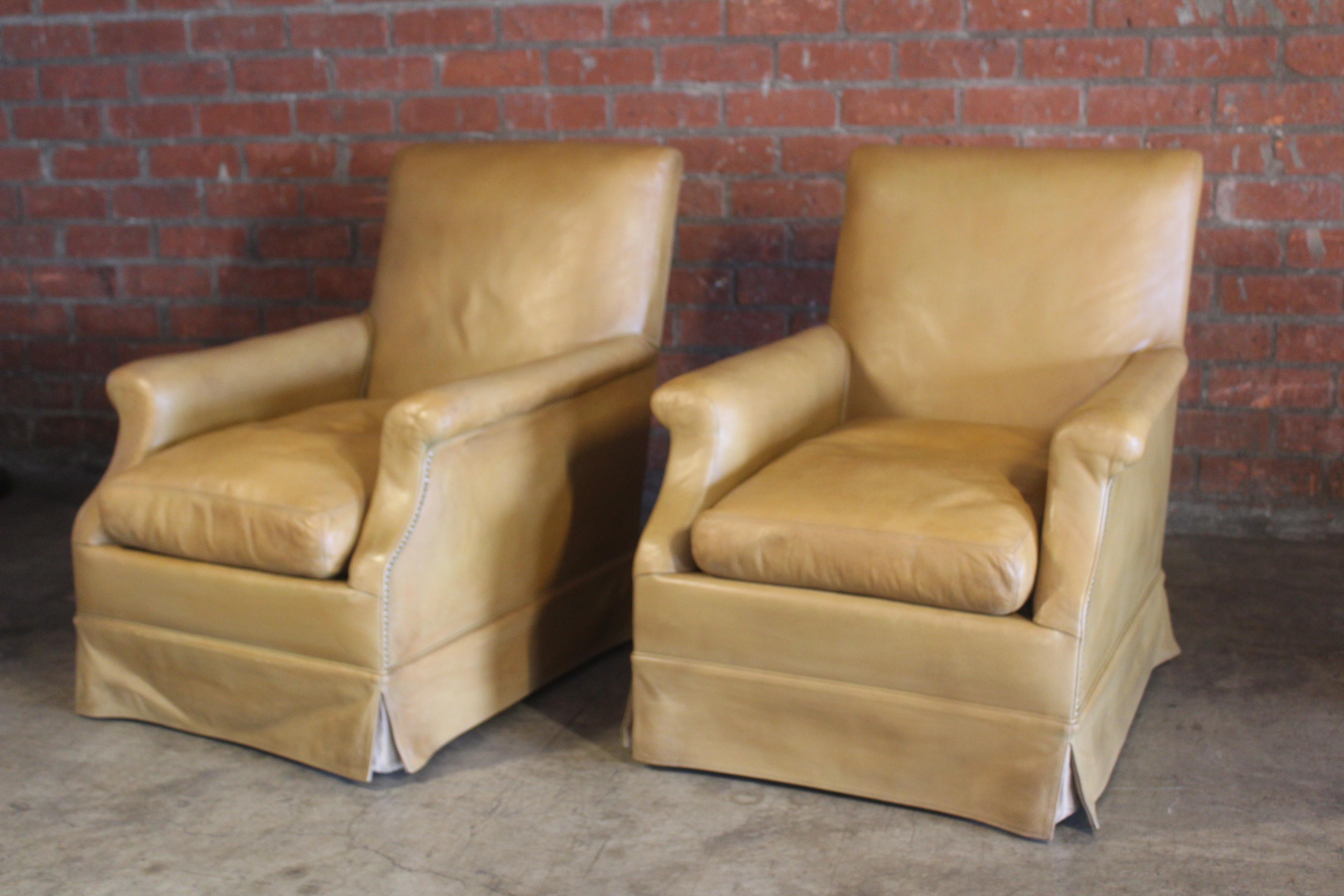 Brass Pair of Antique Armchairs in Original Leather, France, 1930s For Sale