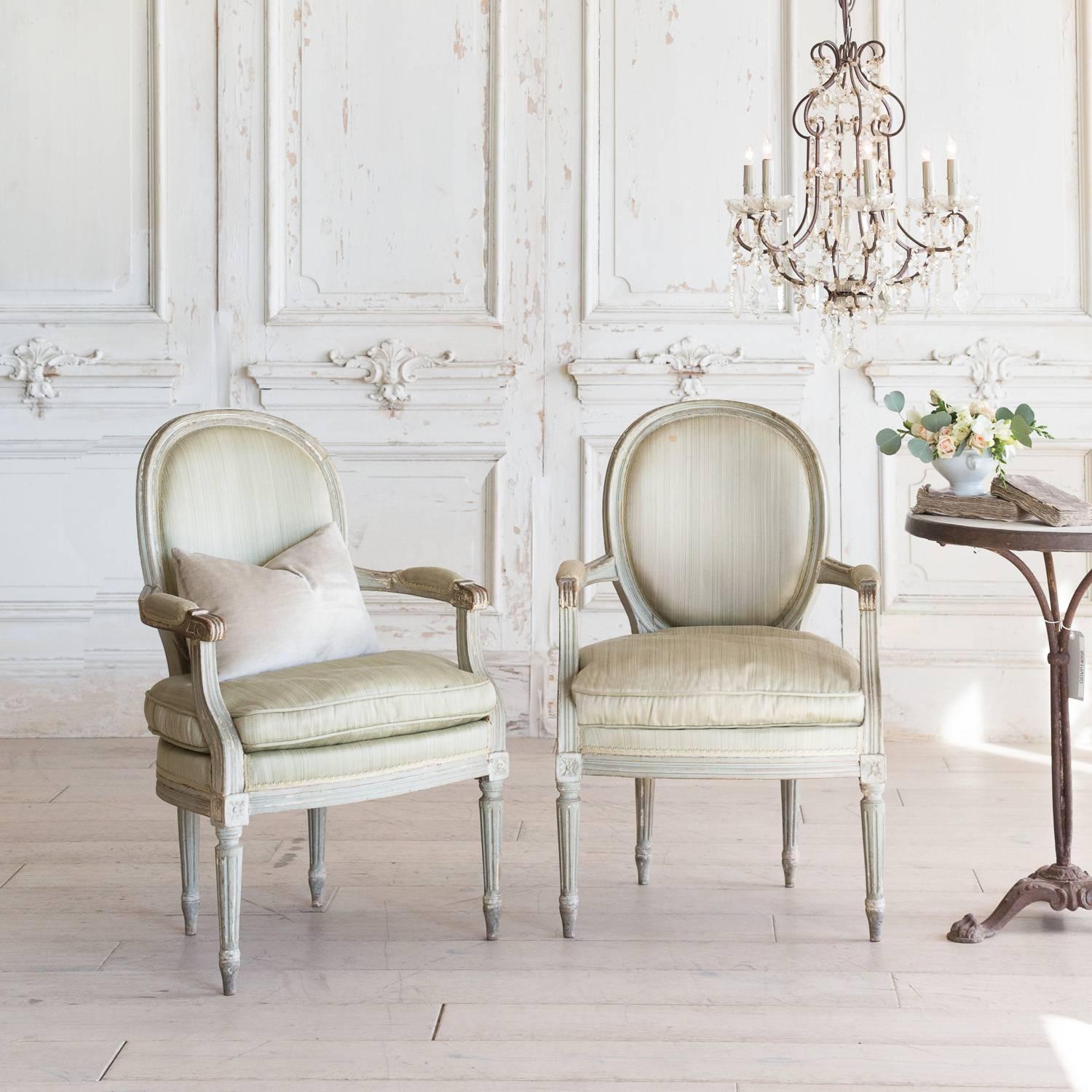 French Pair of Antique Armchairs in Seafoam, circa 1900 For Sale