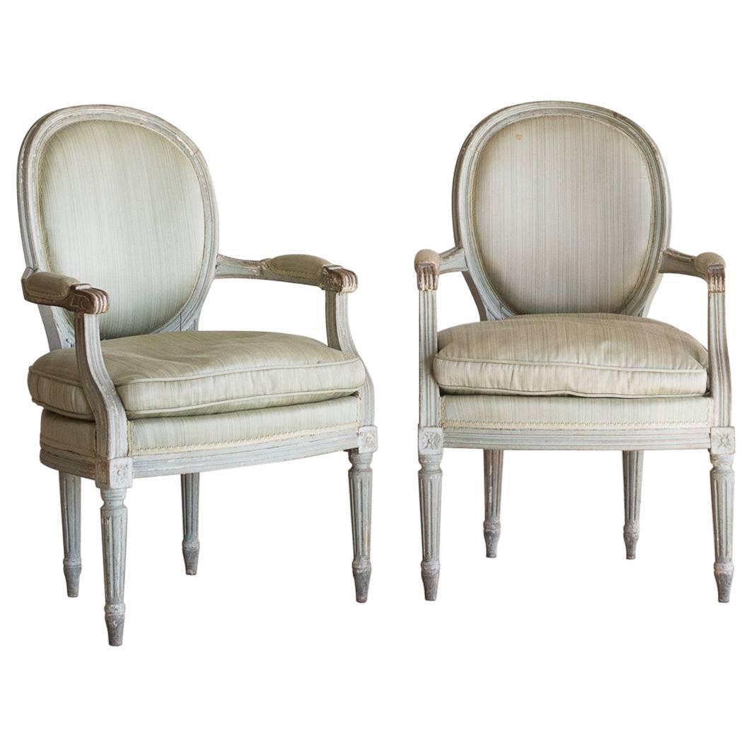 Pair of Antique Armchairs in Seafoam, circa 1900 For Sale
