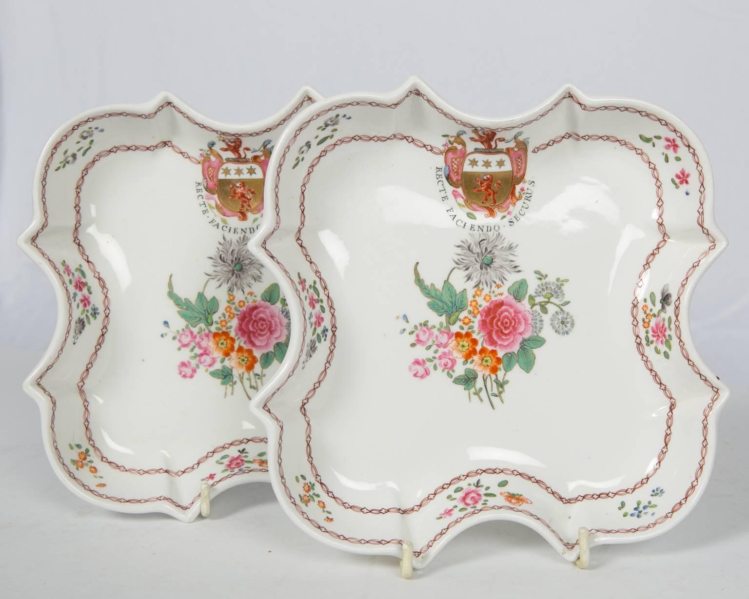 Pair Antique Armorial Porcelain Dishes Crest & Motto 