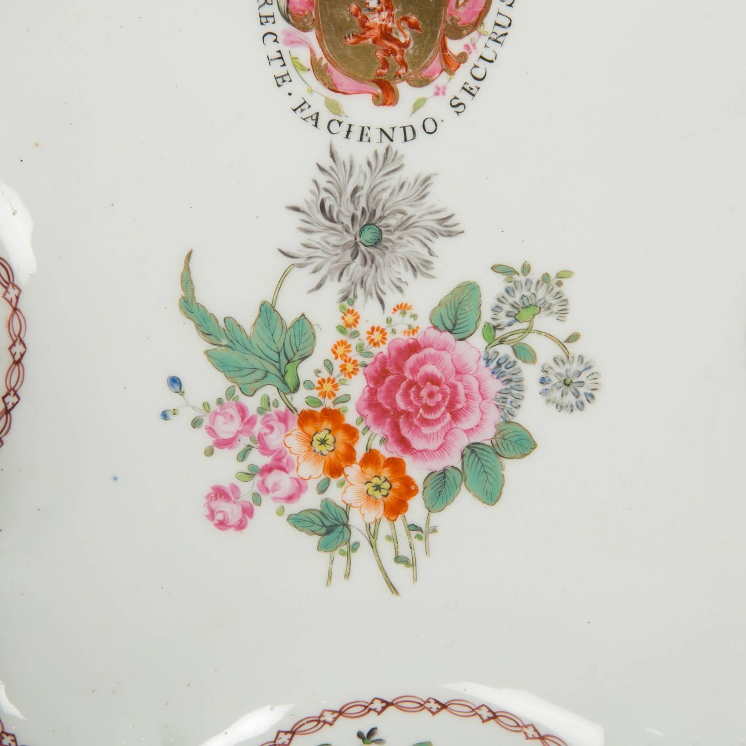 Pair Antique Armorial Porcelain Dishes Crest & Motto 