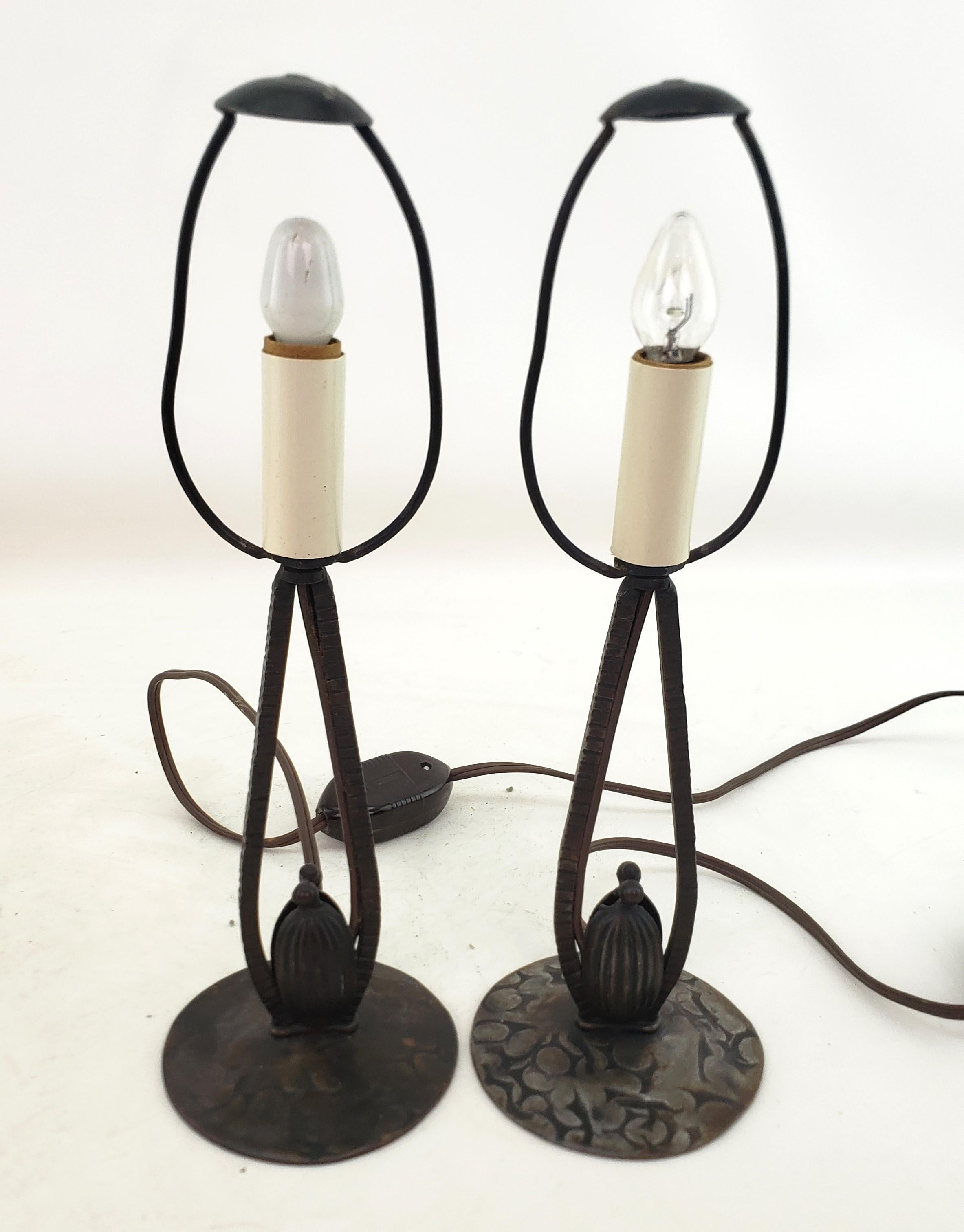 Pair of Antique Art Deco Bourdoir or Table Lamps with Frosted Pink Glass Shades For Sale 9