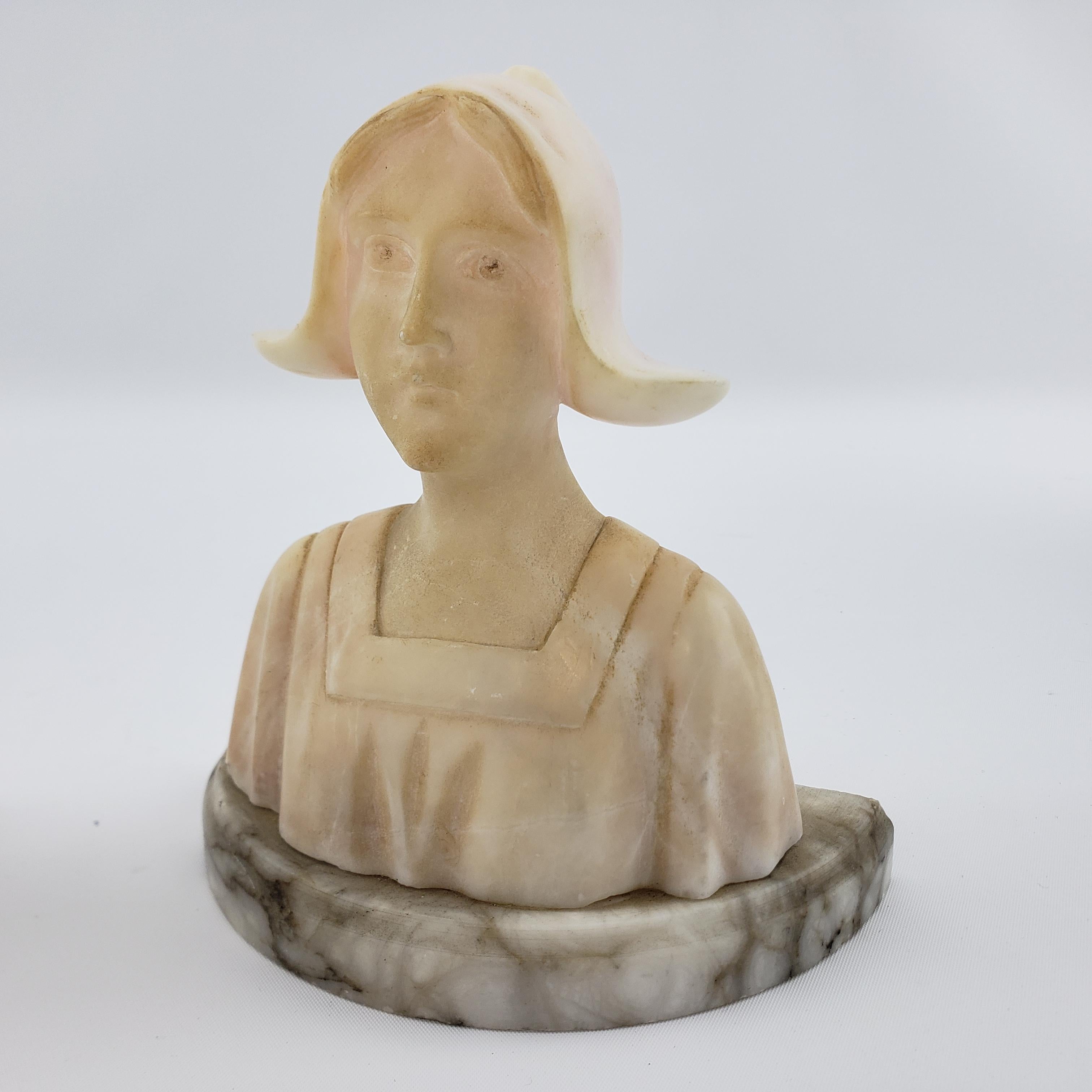 Pair of Antique Art Deco Carved Alabaster Bookends of Figural Maiden Busts For Sale 3