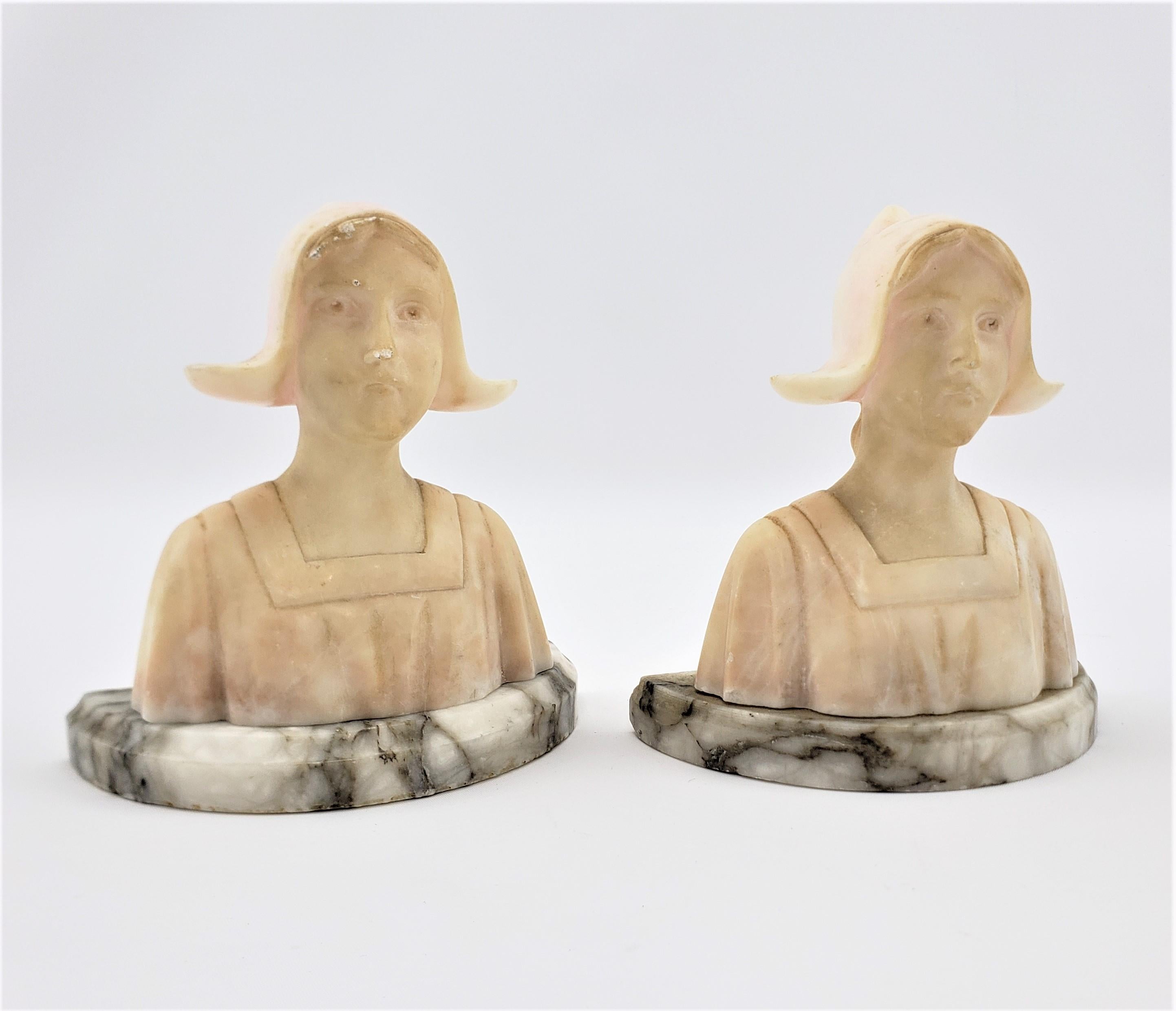 American Pair of Antique Art Deco Carved Alabaster Bookends of Figural Maiden Busts For Sale