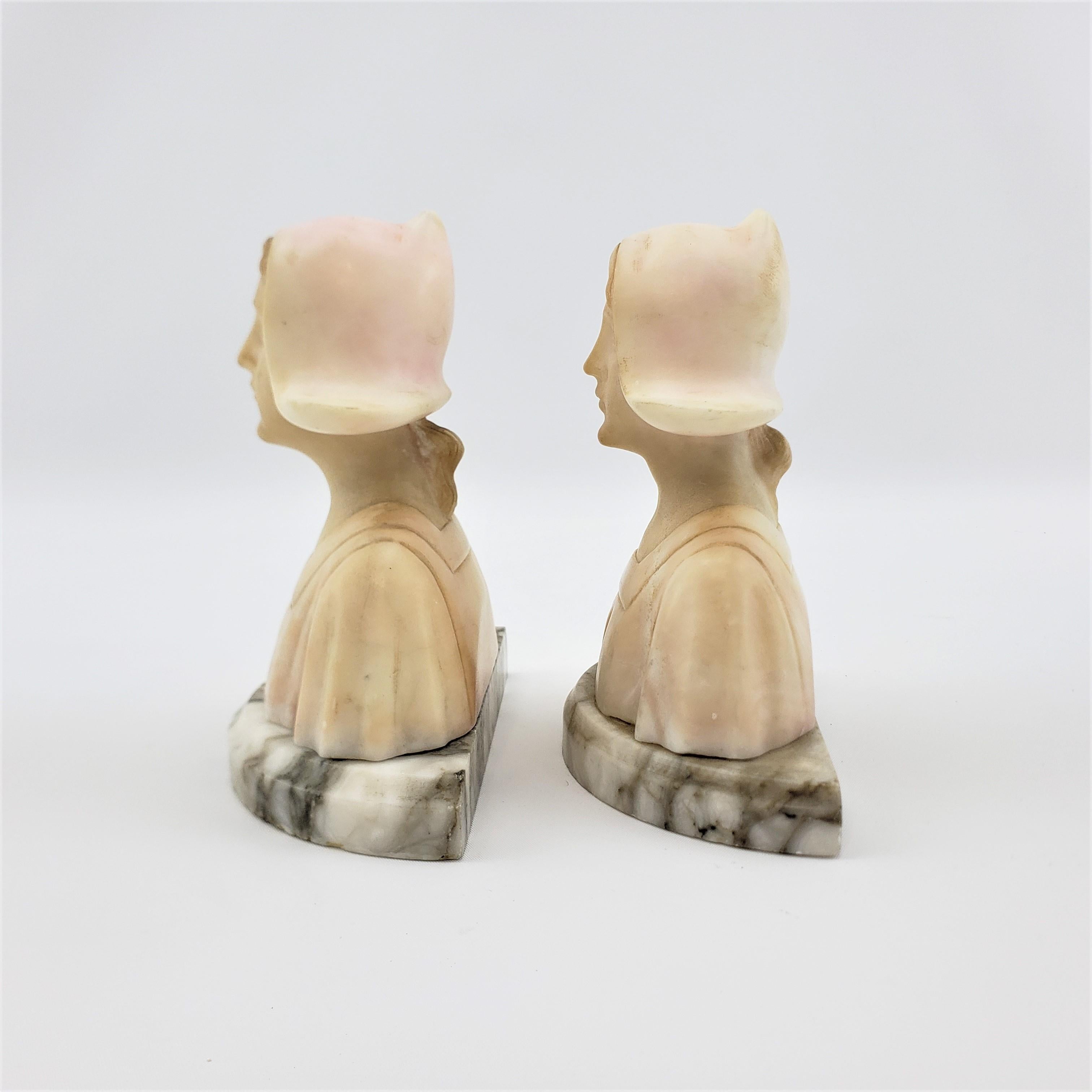 Hand-Carved Pair of Antique Art Deco Carved Alabaster Bookends of Figural Maiden Busts For Sale
