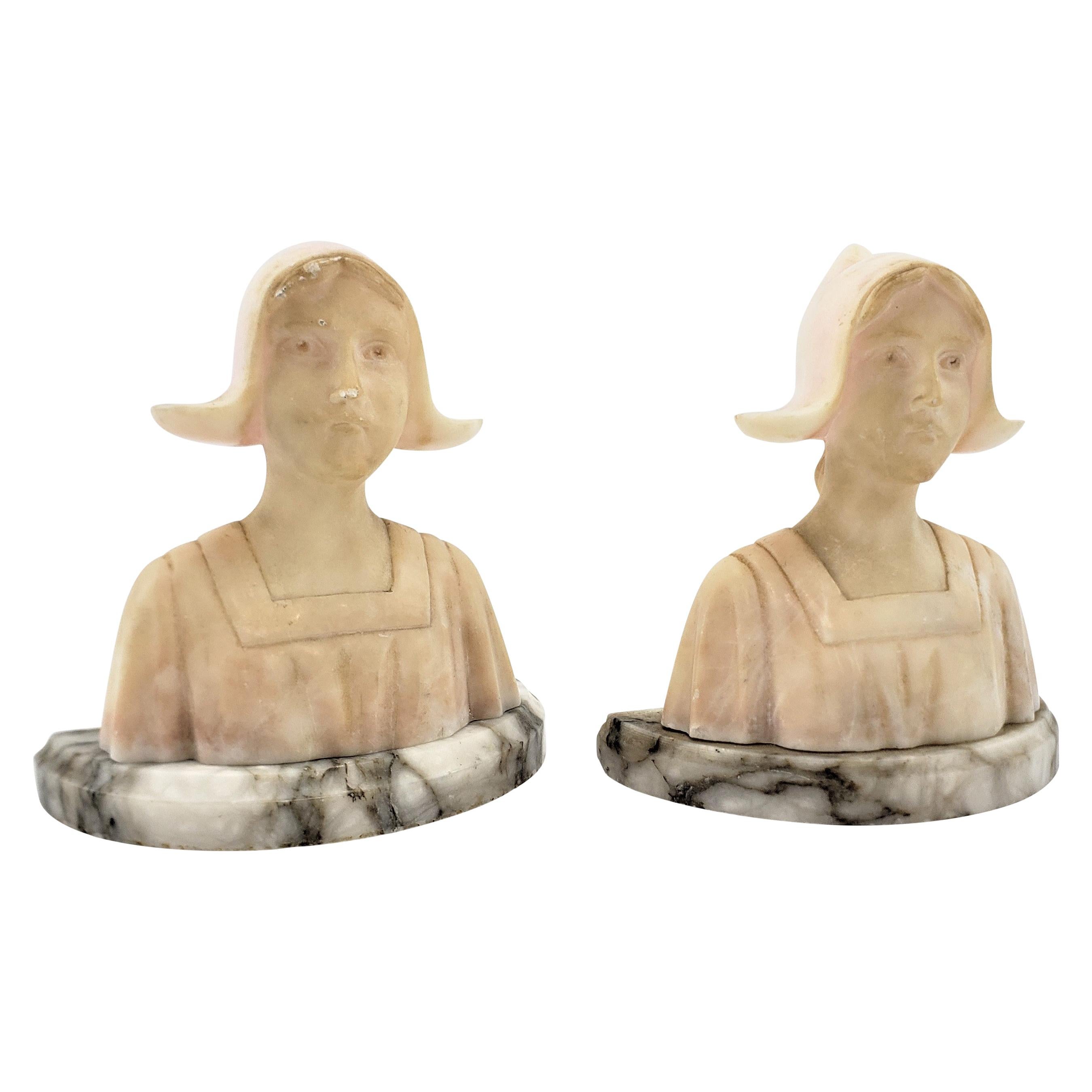 Pair of Antique Art Deco Carved Alabaster Bookends of Figural Maiden Busts