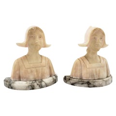 Pair of Antique Art Deco Carved Alabaster Bookends of Figural Maiden Busts