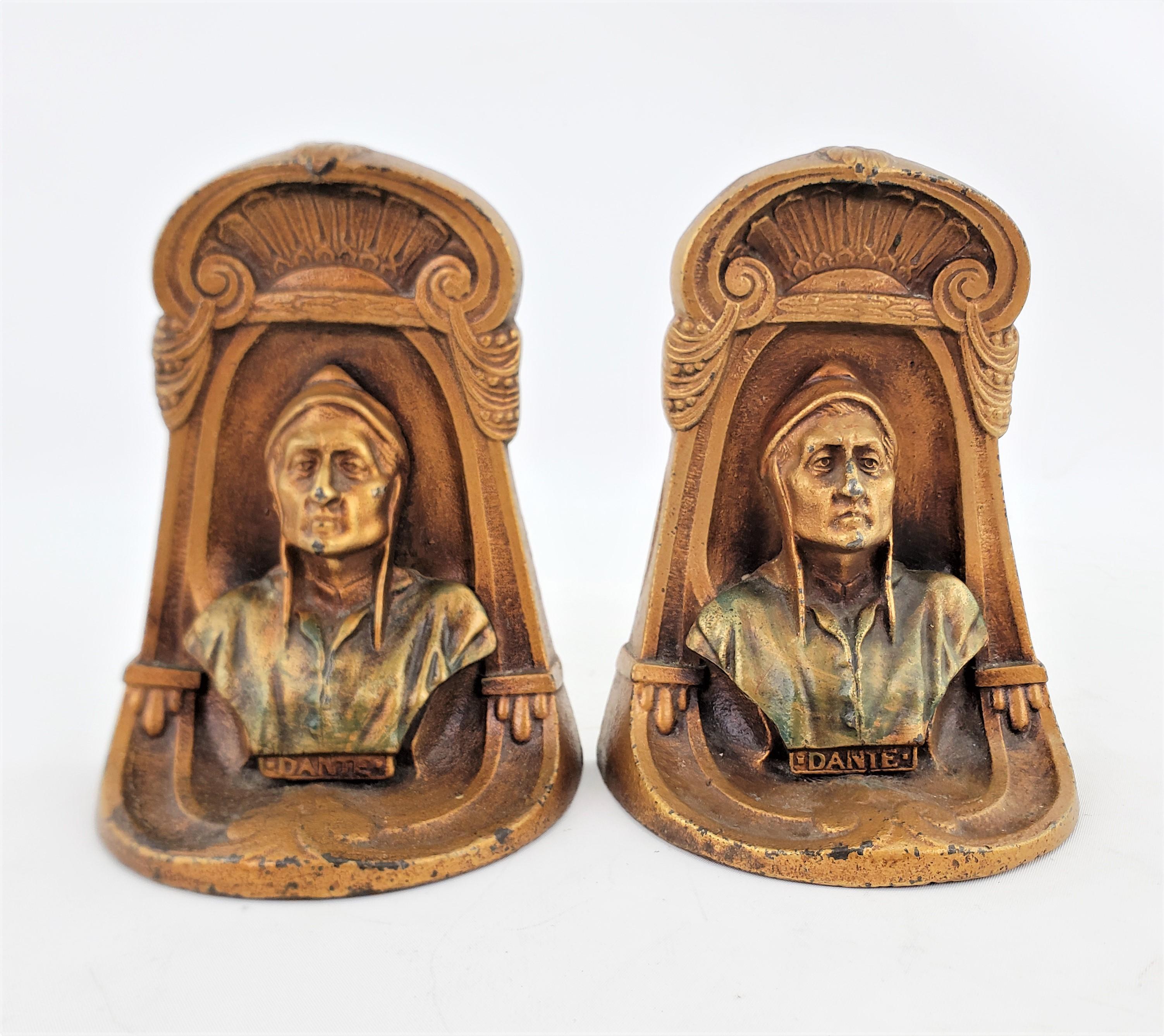 This pair of metal bookends are unsigned and show no foundry marks, but are presumed to have been made in England in approximately 1920 in the period Art Deco style. The bookends are composed of cast metal, featuring a relief of Dante on the front