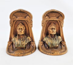 Pair of Antique Art Deco Cast Metal & Cold-Painted Dante Alighieri Bookends