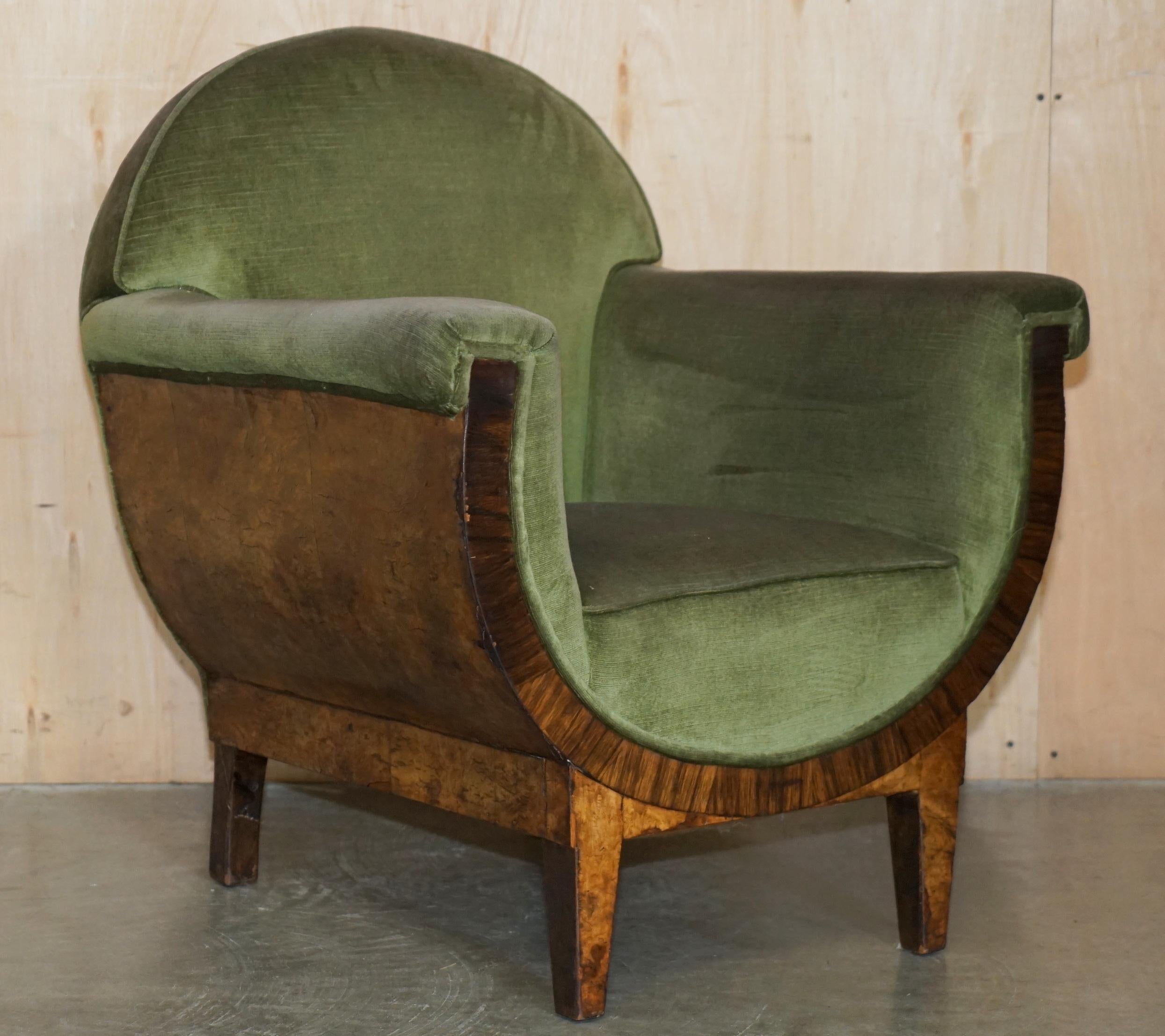 Royal House Antiques

Royal House Antiques is delighted to offer for sale this pair of exquisite circa 1920’s Art Deco Burr Walnut framed armchairs with Green Velour upholstery that is part of a suite

Please note the delivery fee listed is just a