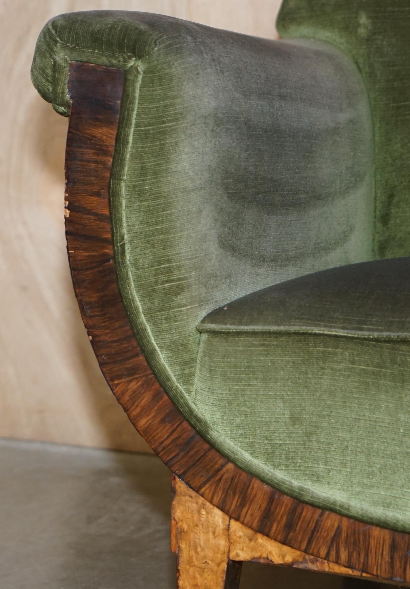 Upholstery PAIR OF ANTIQUE ART DECO CIR 1920 BURR WALNUT GREEN VELOUR ARMCHAiRS PART SUITE