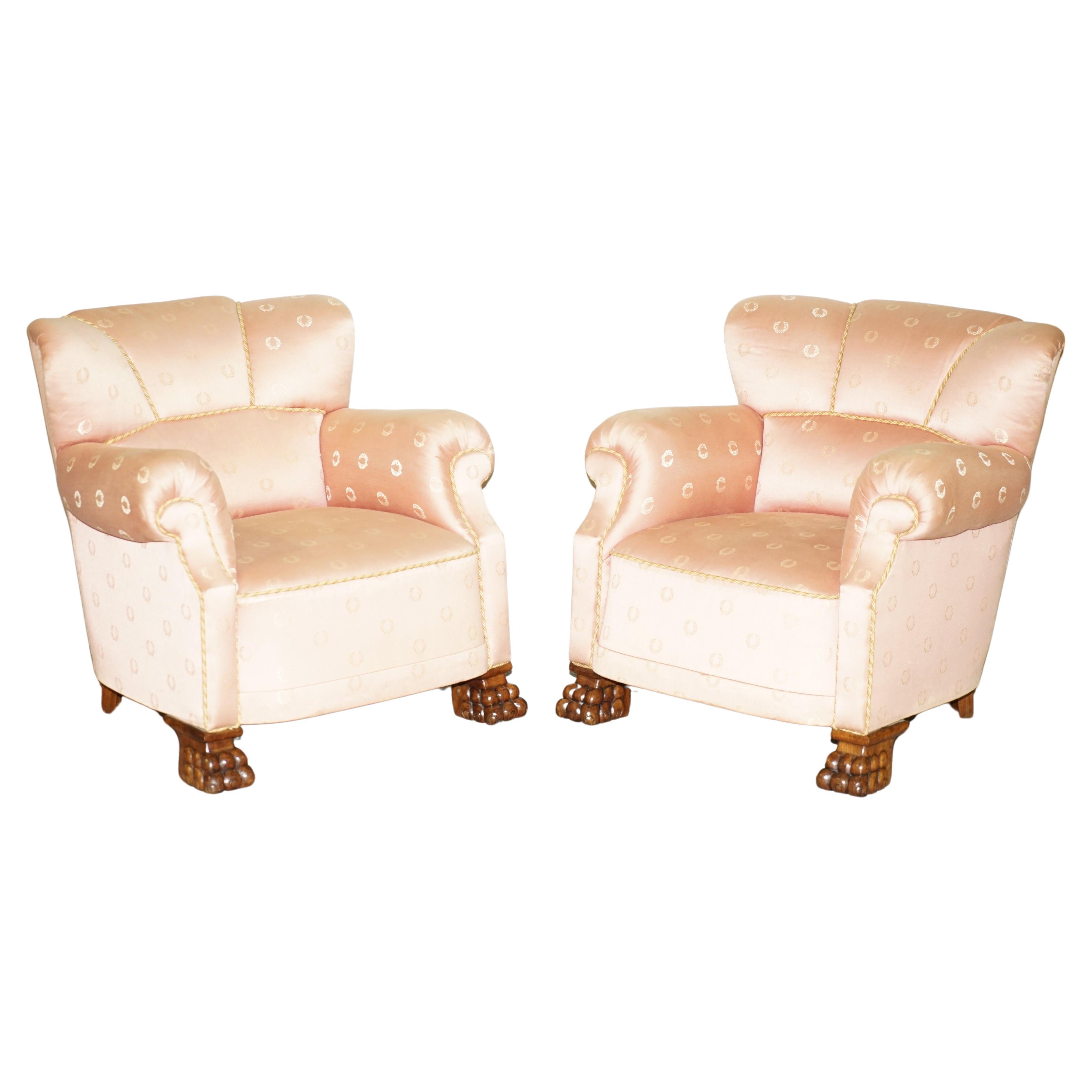 PAIR OF ANTIQUE ART DECO CIRCA 1920 LIONS HAIRY PAW CARVED FRENCH CLUB ARMCHAIRs
