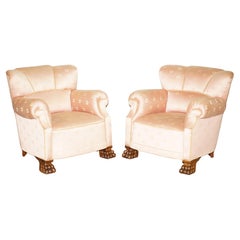 PAIR OF ANTIQUE ART DECO CIRCA 1920 LIONS HAIRY PAW CARVED FRENCH CLUB ARMCHAIRs