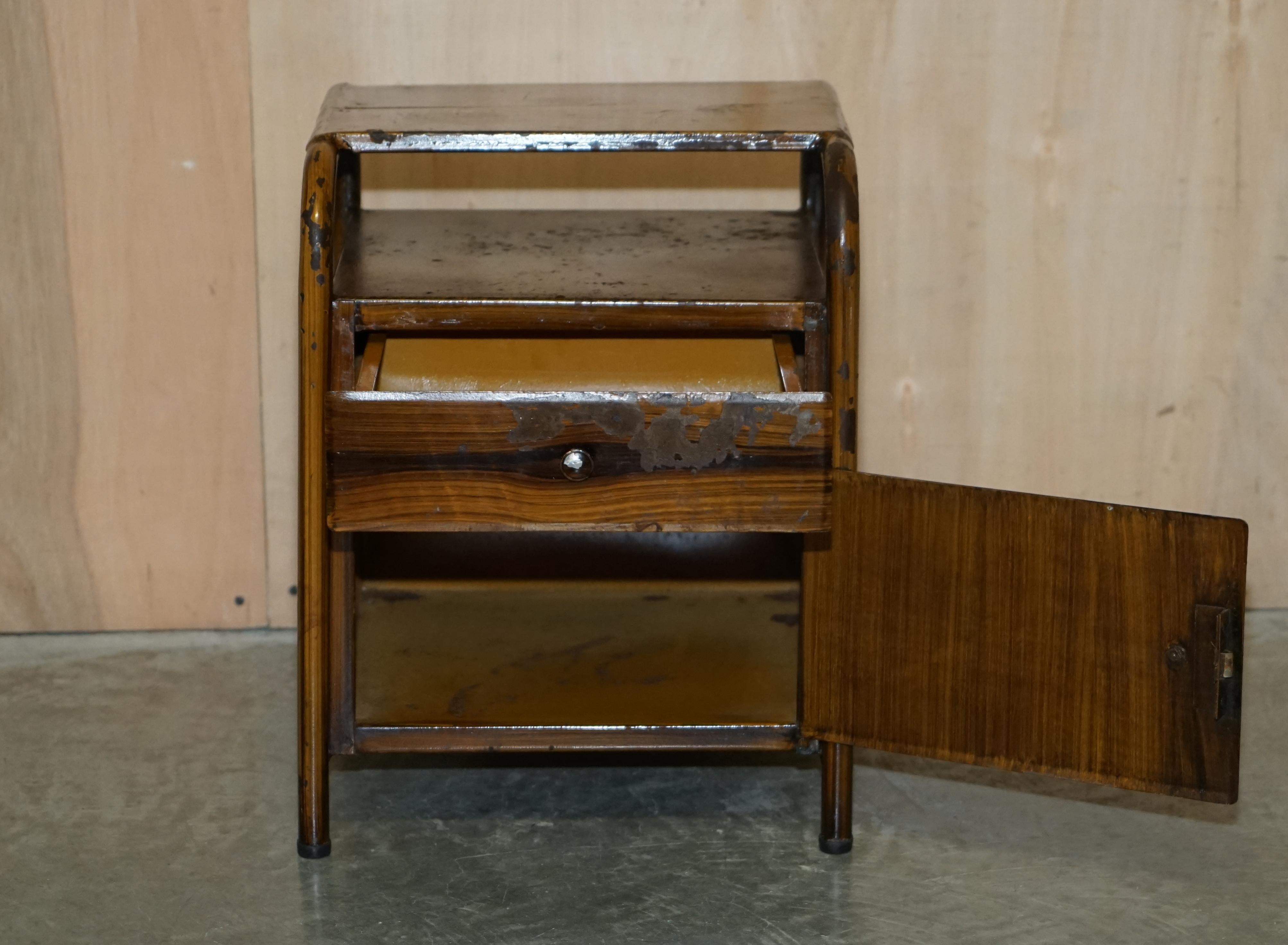 Pair of Antique Art Deco circa 1920 Metal Medical Bedside Tables Hand Painted For Sale 8