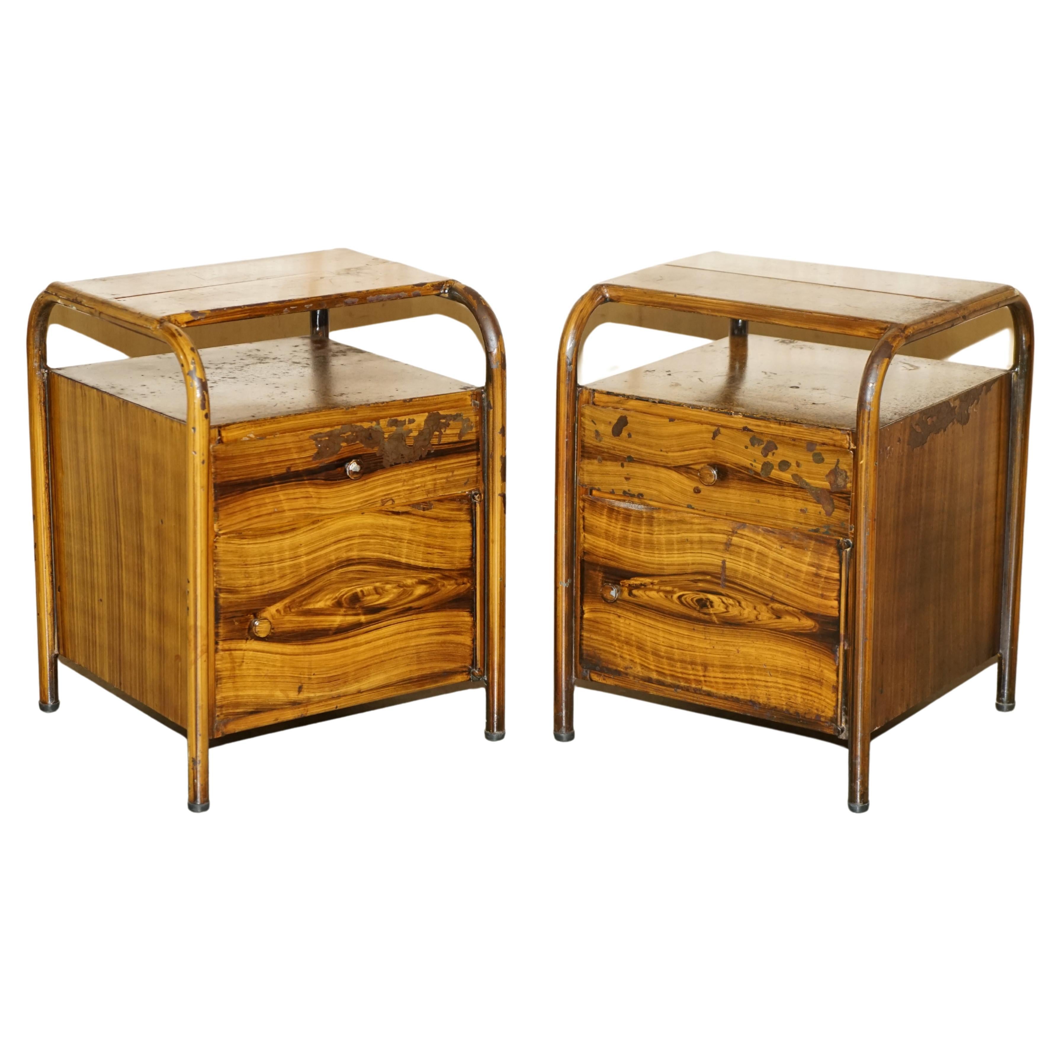 Pair of Antique Art Deco circa 1920 Metal Medical Bedside Tables Hand Painted For Sale