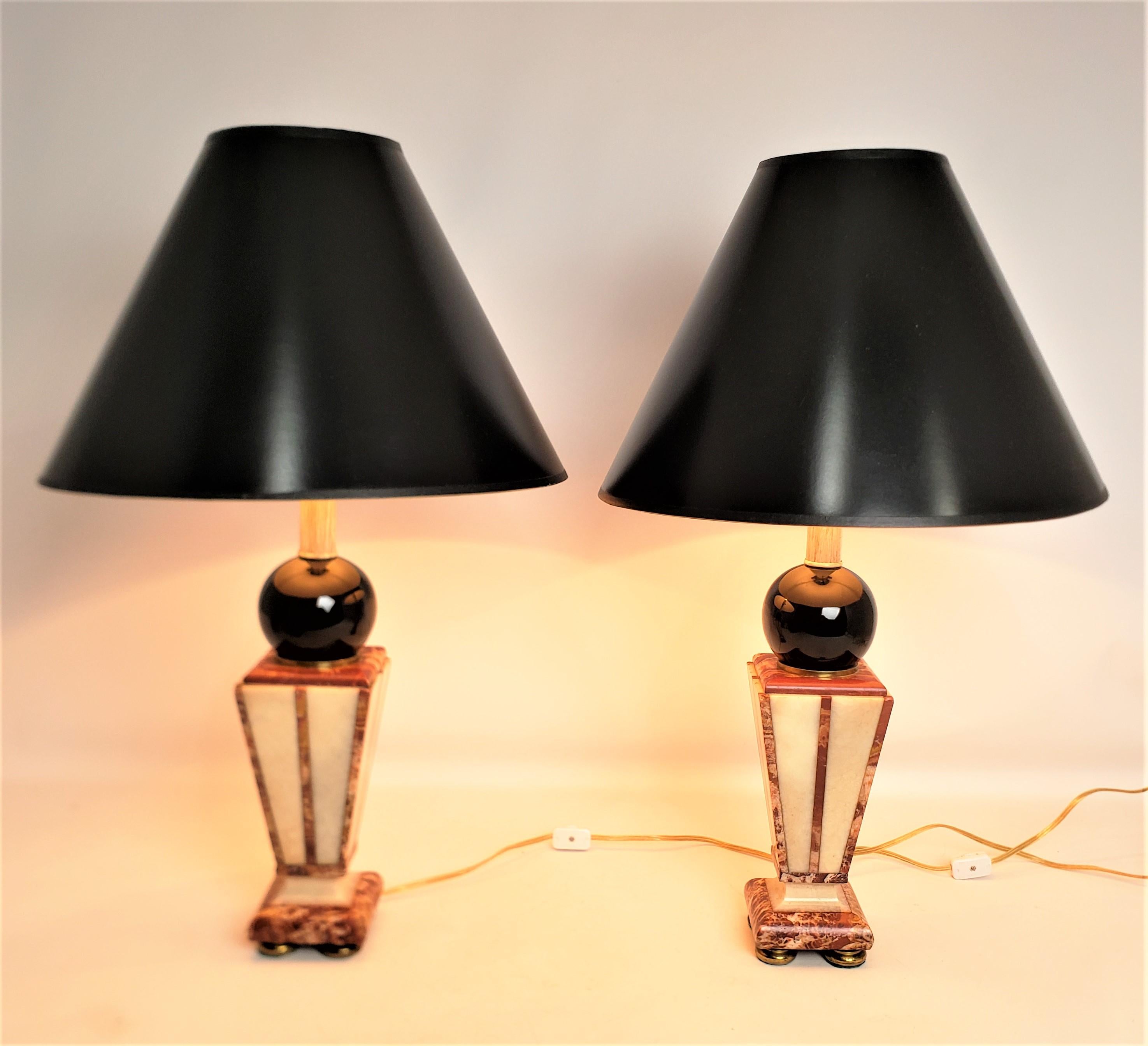 Italian Pair of Converted Art Deco Cut Two Tone Geometric Cut Marble Table Lamp Bases For Sale