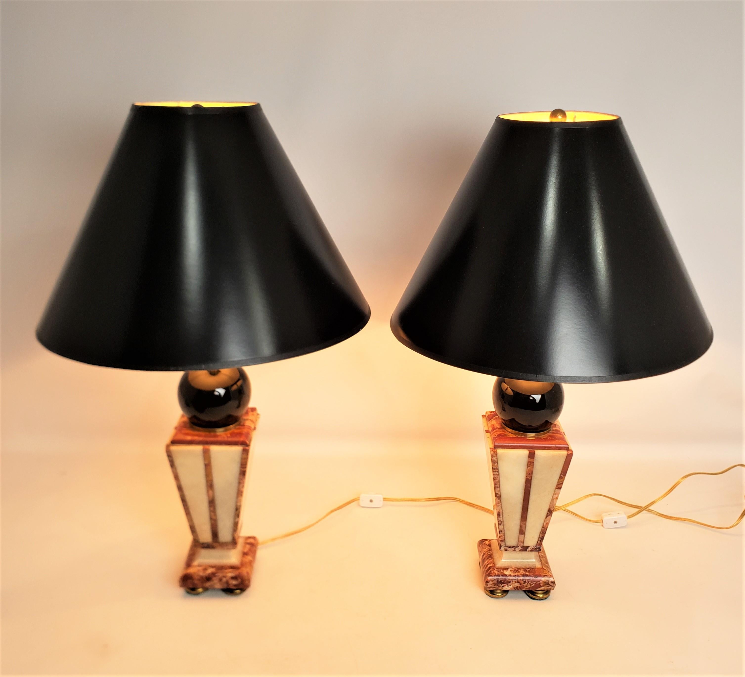 Hand-Crafted Pair of Converted Art Deco Cut Two Tone Geometric Cut Marble Table Lamp Bases For Sale