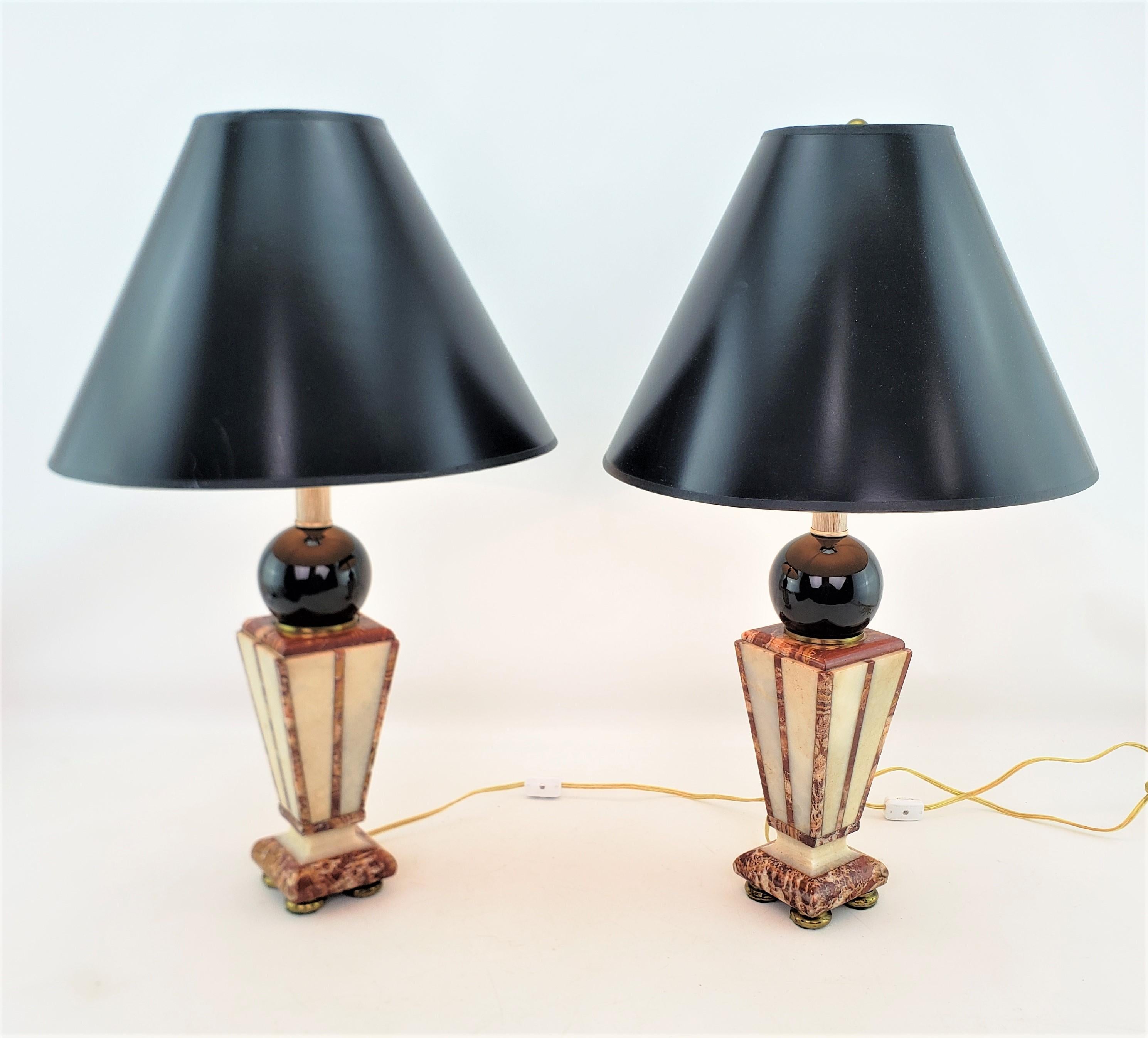 Pair of Converted Art Deco Cut Two Tone Geometric Cut Marble Table Lamp Bases In Good Condition For Sale In Hamilton, Ontario