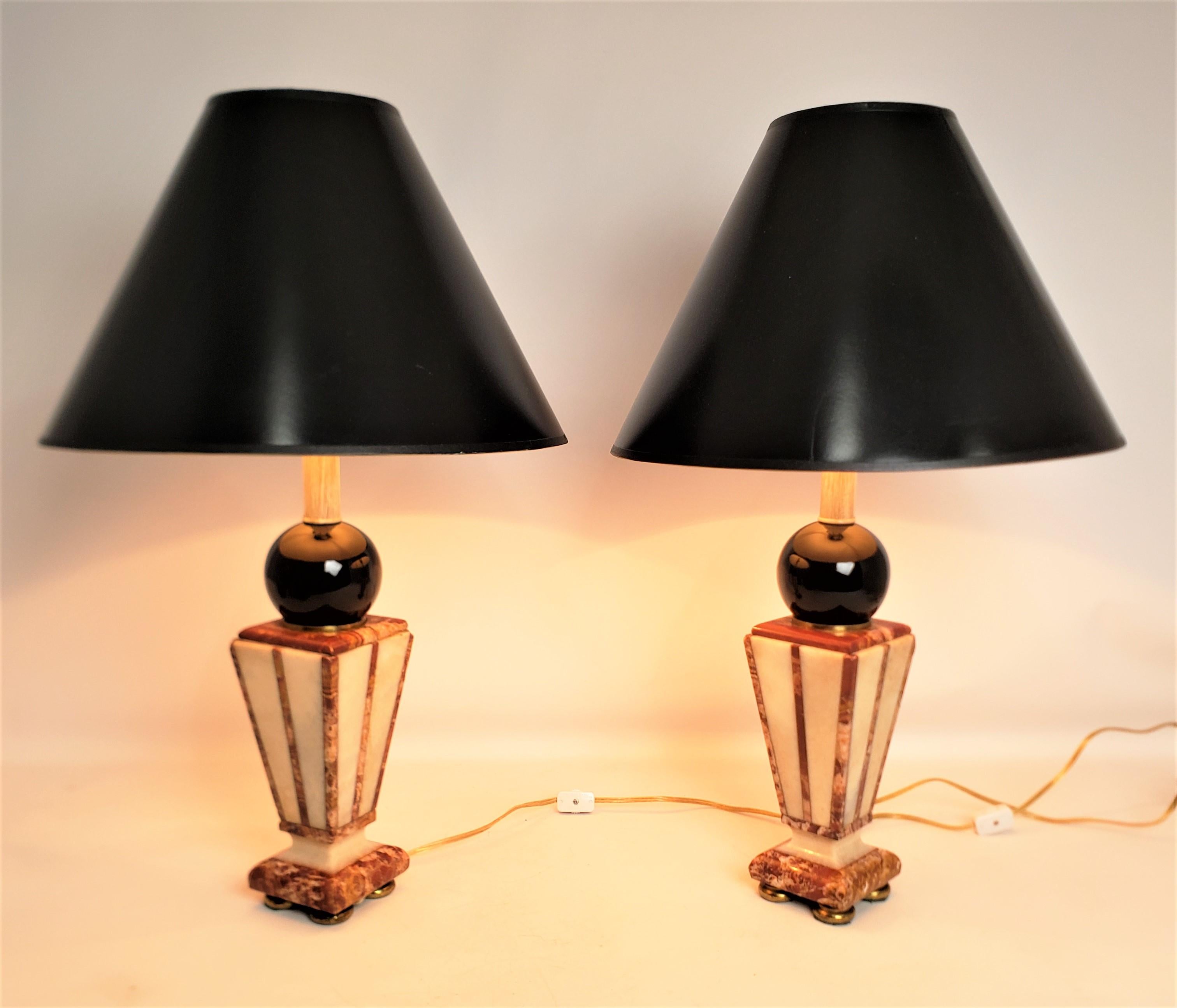 20th Century Pair of Converted Art Deco Cut Two Tone Geometric Cut Marble Table Lamp Bases For Sale