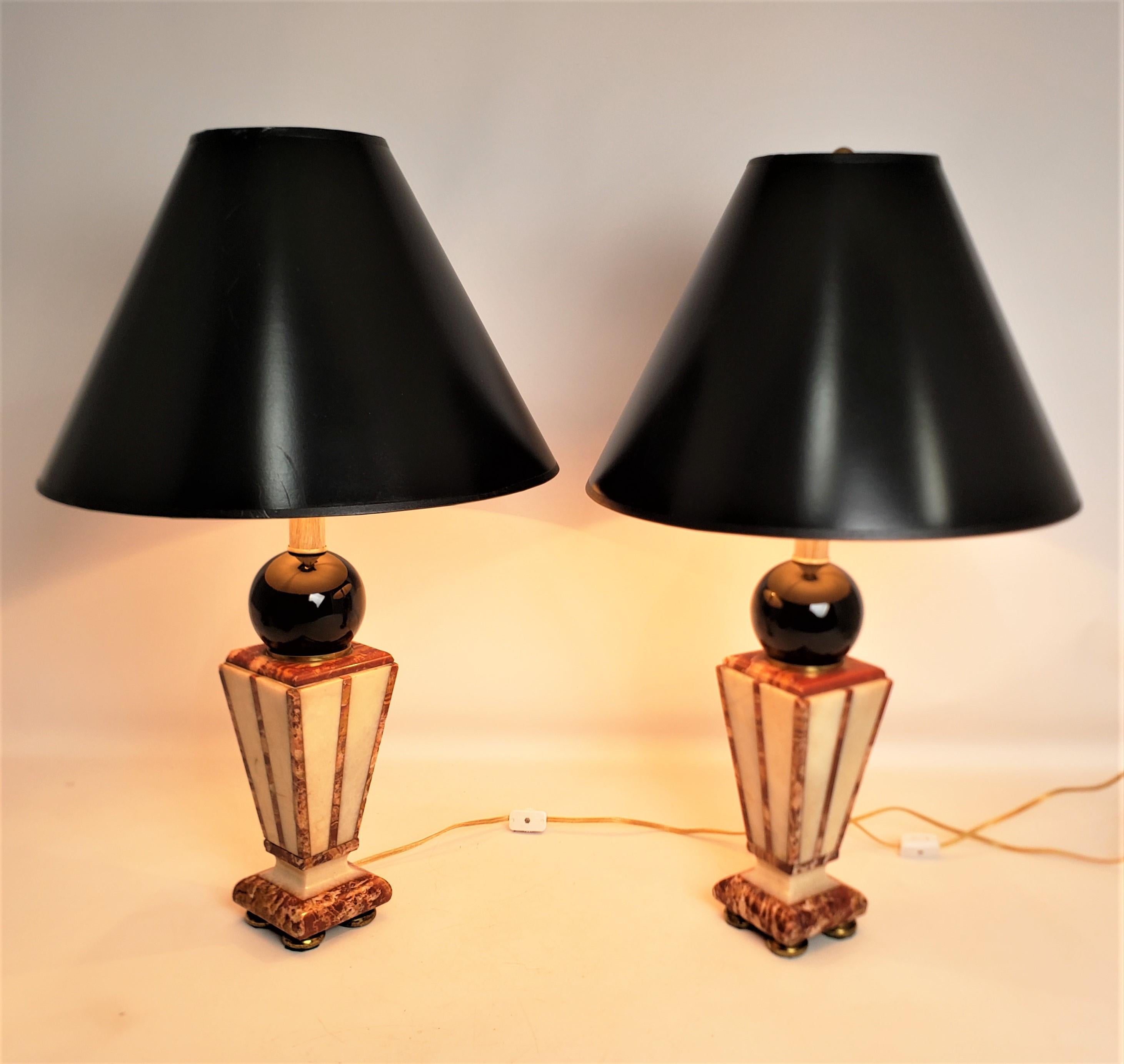 Pair of Converted Art Deco Cut Two Tone Geometric Cut Marble Table Lamp Bases For Sale 1