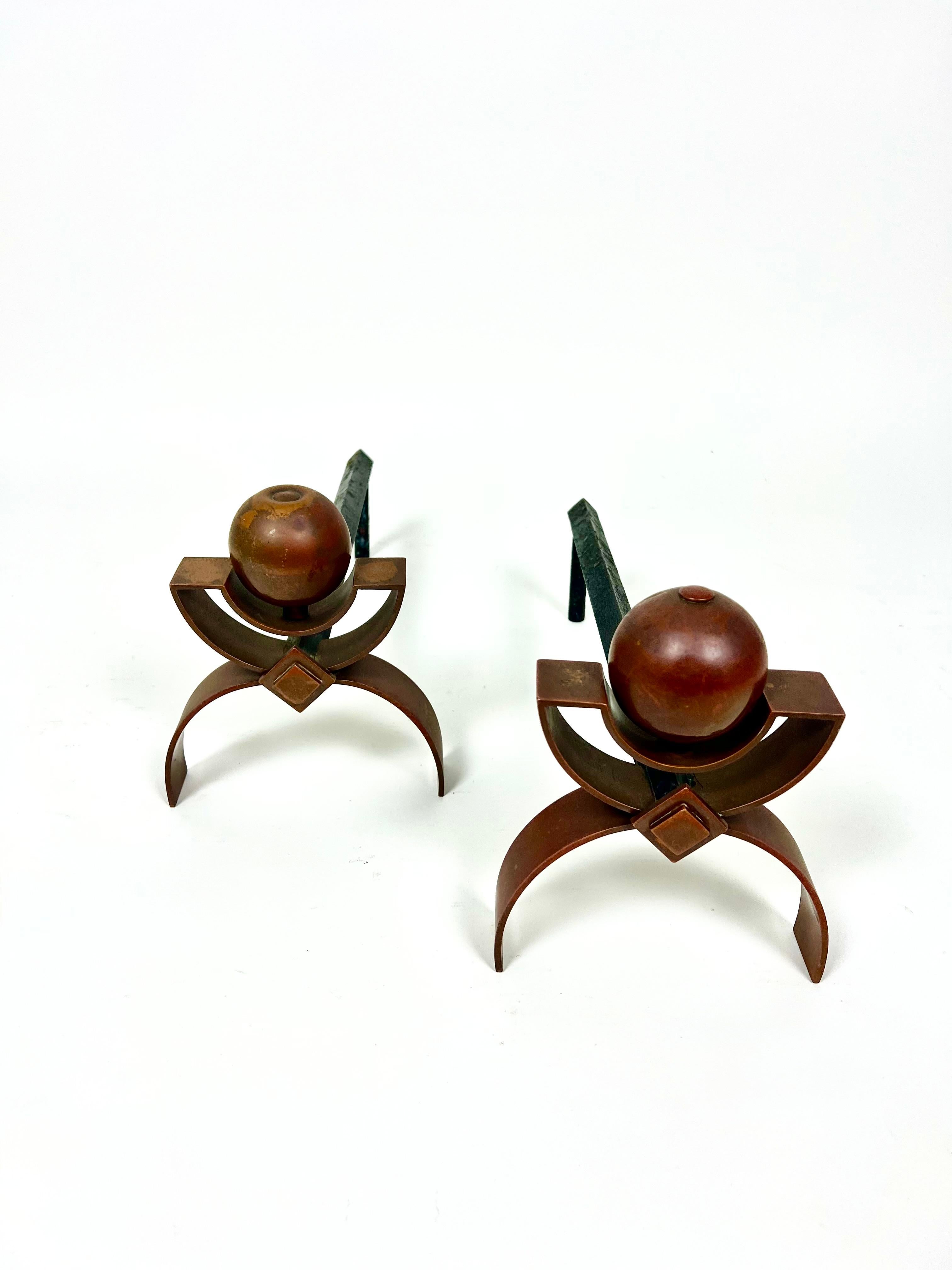 Pareja De Antiguos Andirones Art Decó / Perros de Fuego, Cobre Y Hierro en venta 5