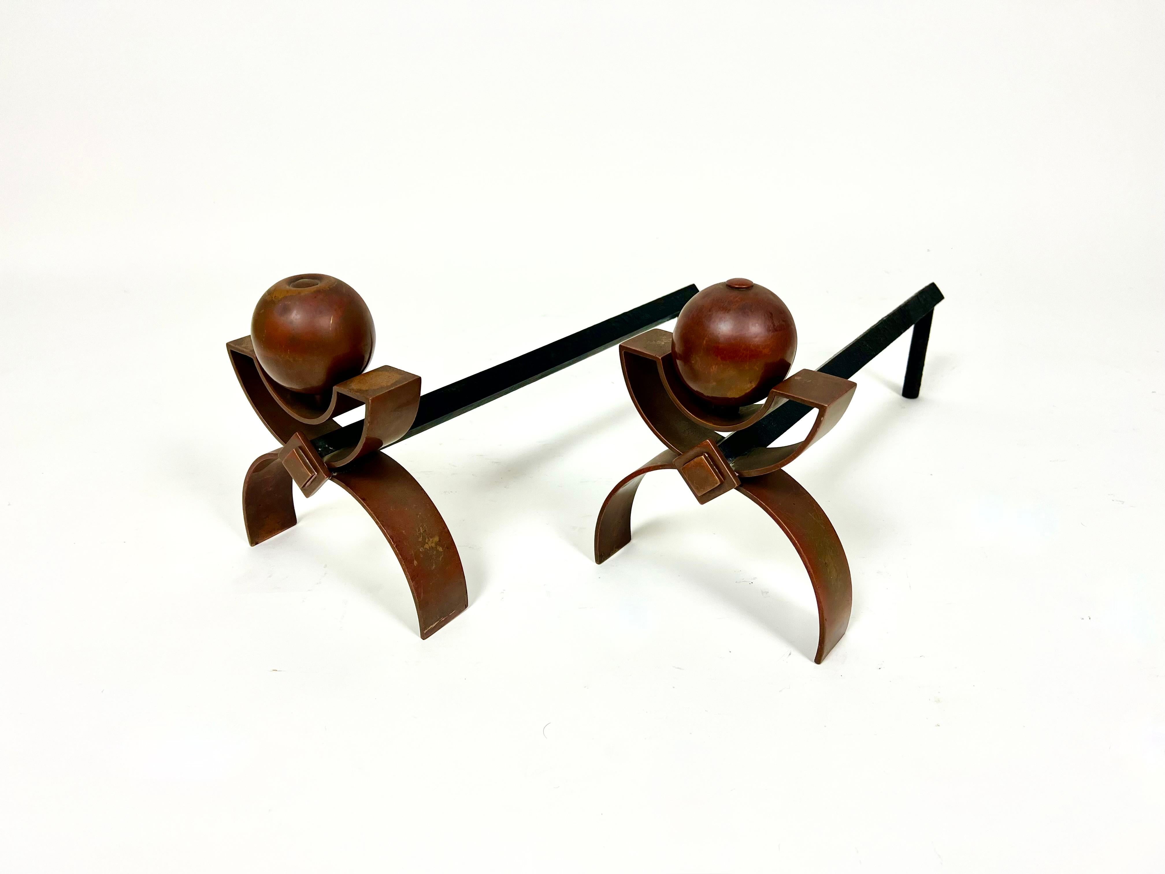 Pareja De Antiguos Andirones Art Decó / Perros de Fuego, Cobre Y Hierro en venta 7