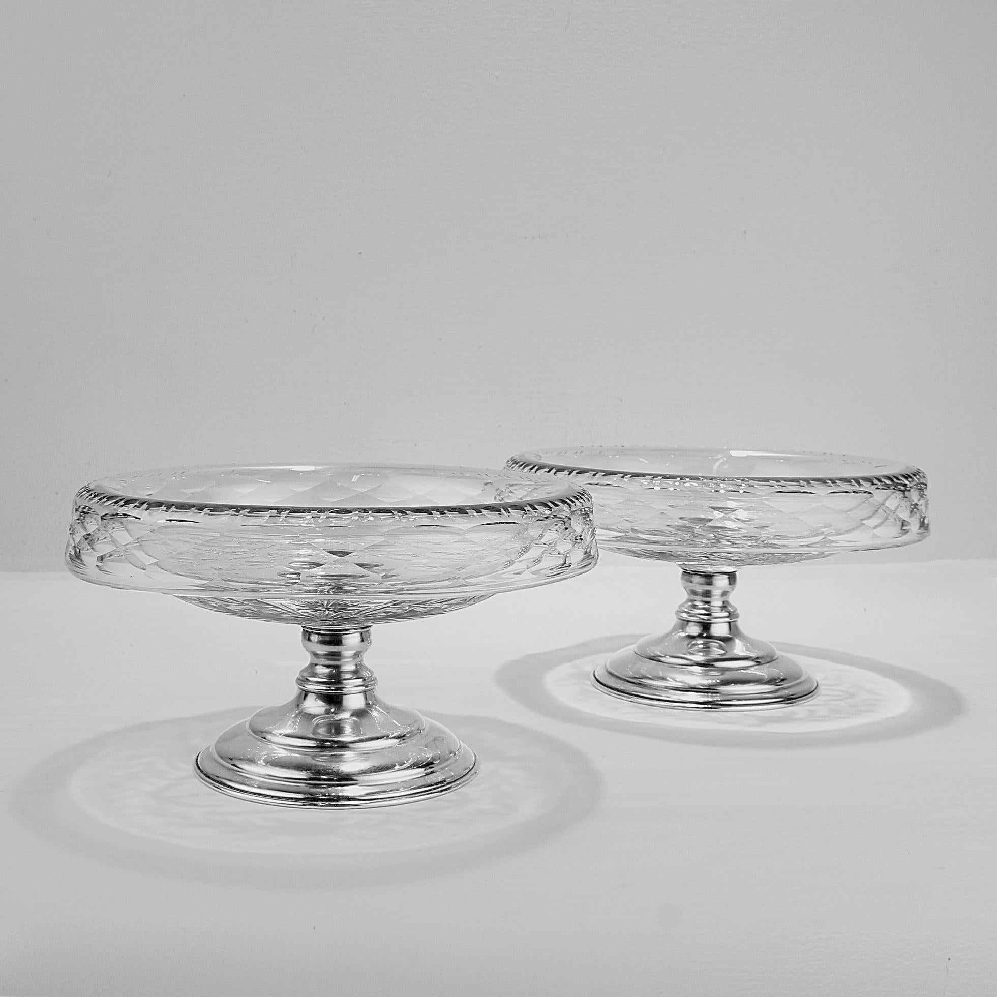 American Pair of Antique Art Deco Hawkes Sterling Silver & Crystal or Glass Footed Bowls