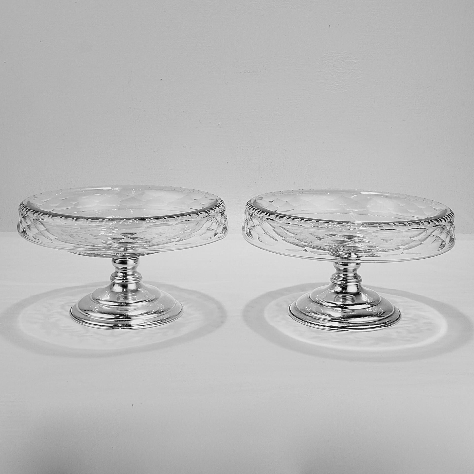 Pair of Antique Art Deco Hawkes Sterling Silver & Crystal or Glass Footed Bowls In Good Condition In Philadelphia, PA