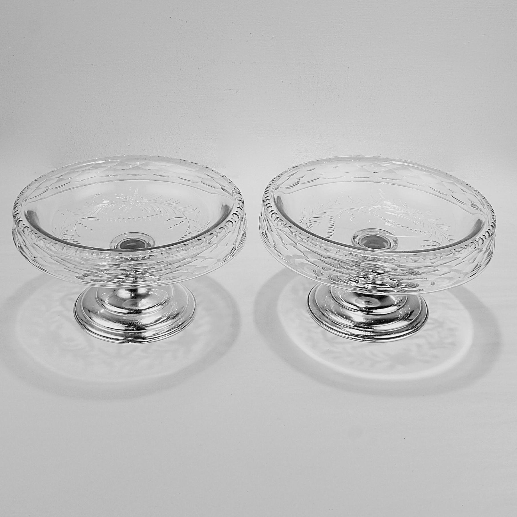 20th Century Pair of Antique Art Deco Hawkes Sterling Silver & Crystal or Glass Footed Bowls