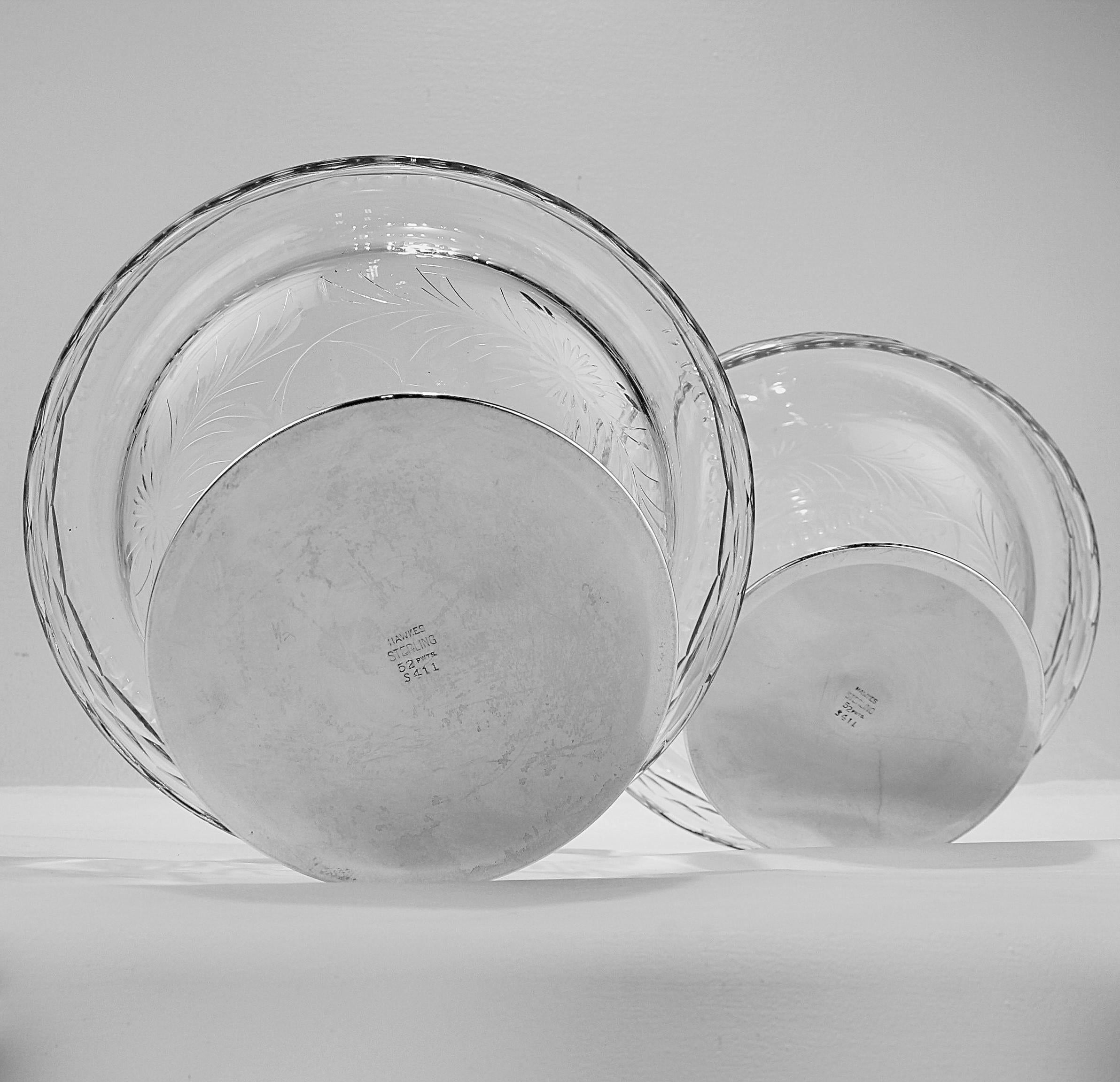 Paire de bols anciens Art déco Hawkes sur pieds en argent sterling et cristal ou en verre 1