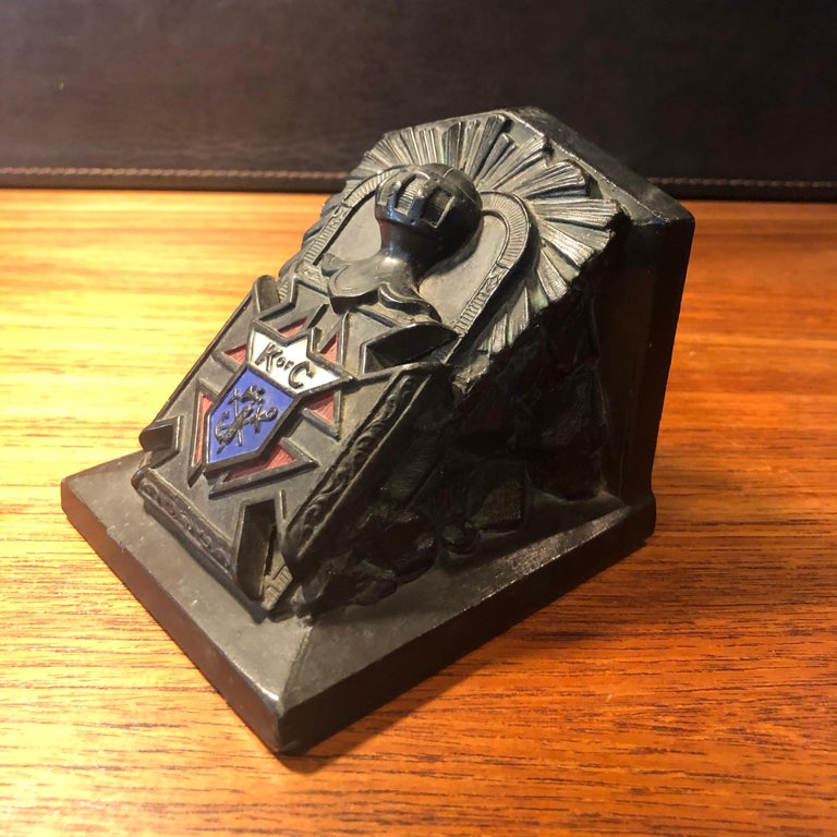 Pair of Antique Art Deco Knights of Columbus Bookends by Ronson Art