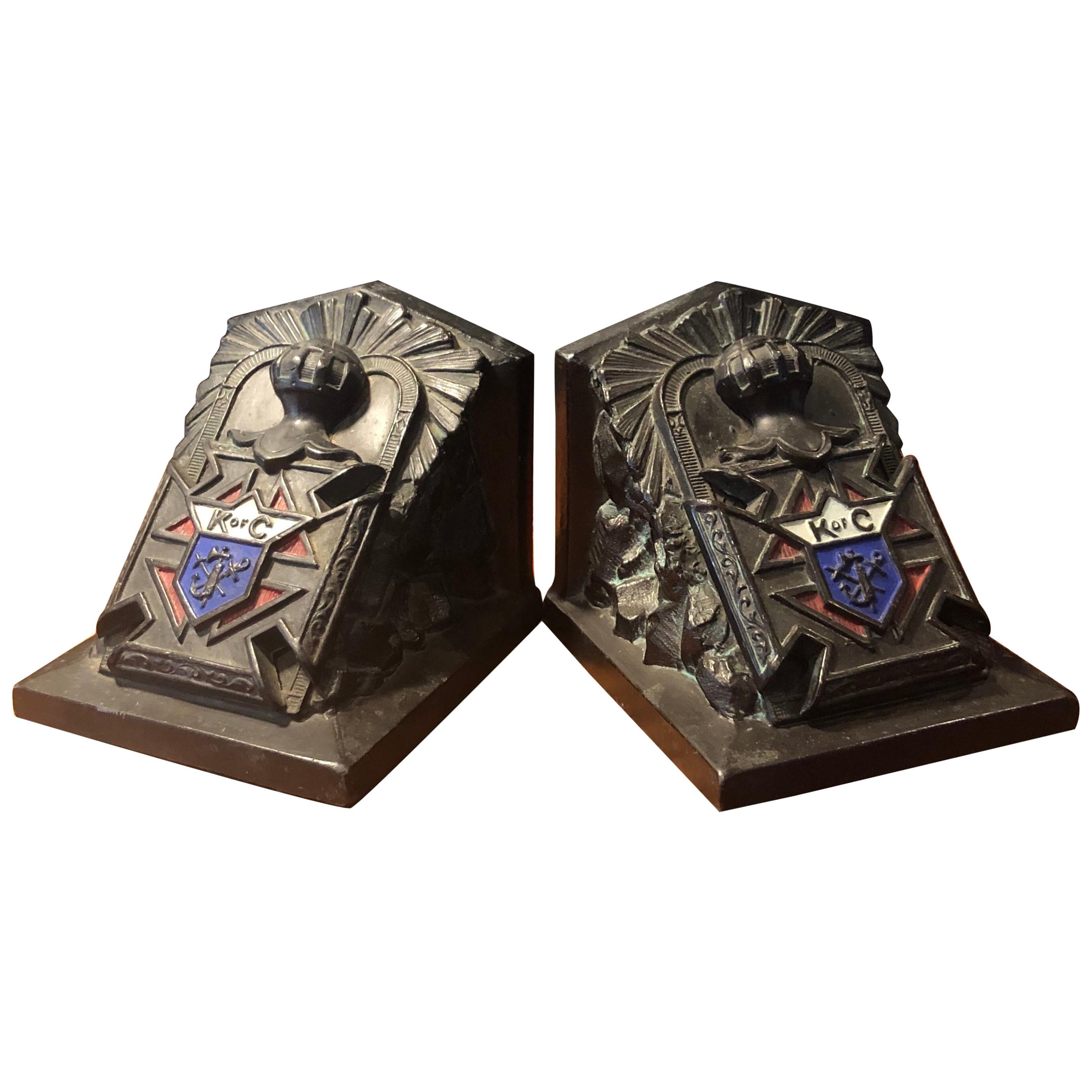 Pair of Antique Art Deco Knights of Columbus Bookends by Ronson Art Metal Works