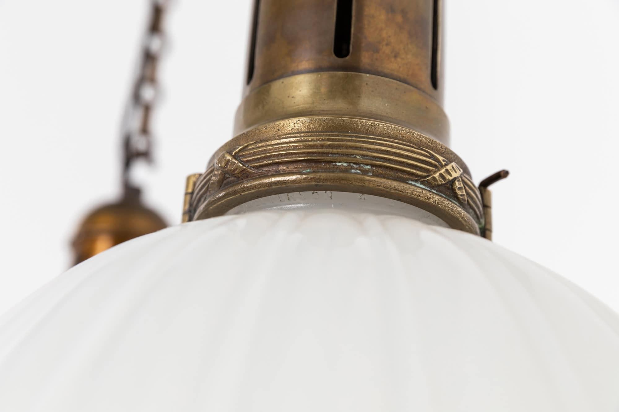 English Pair of Antique Art Deco Large GEC Moonstone Opaline Glass Light Pendant, C.1930