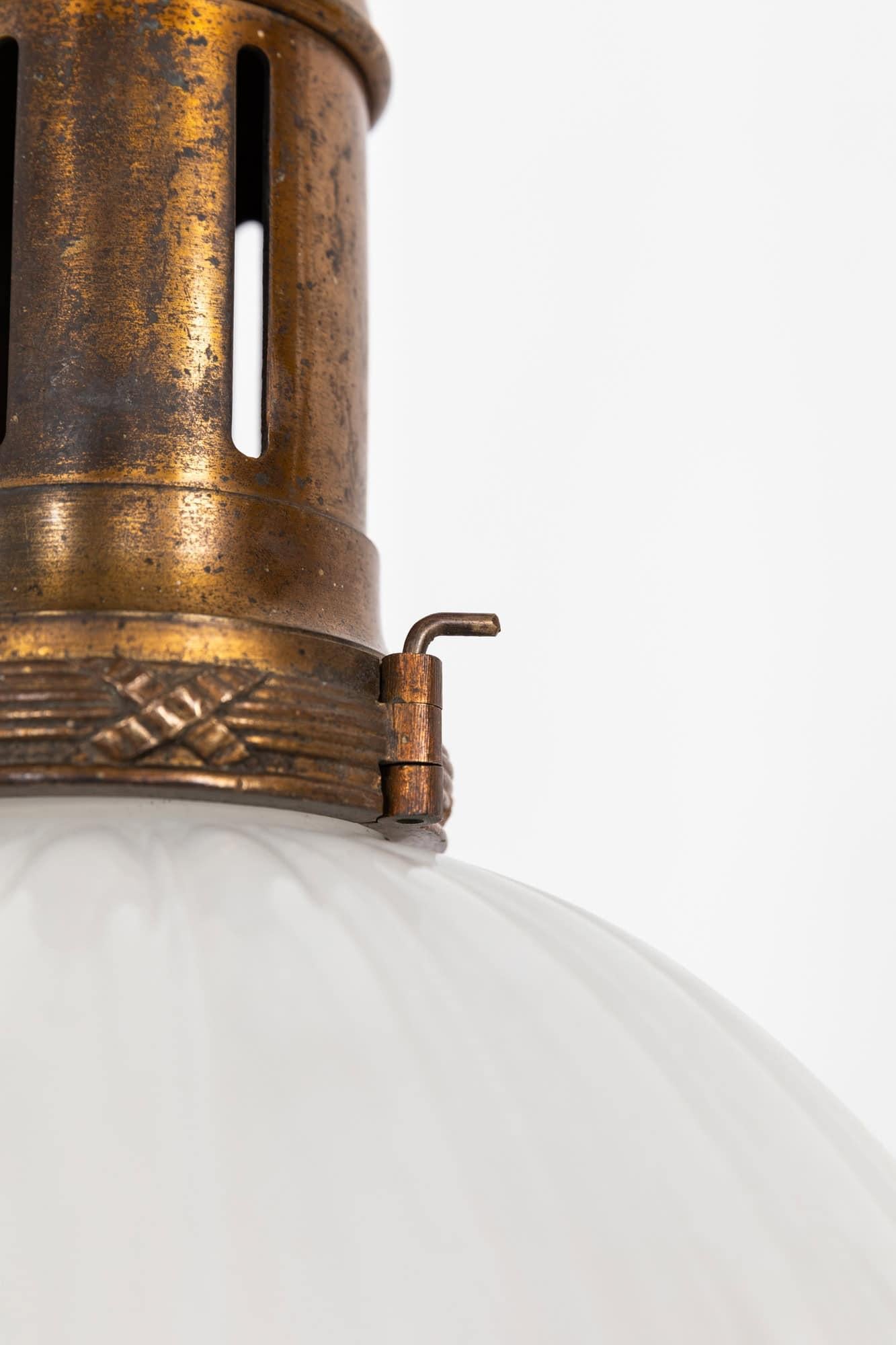Pressed Pair of Antique Art Deco Large GEC Moonstone Opaline Glass Light Pendant, C.1930