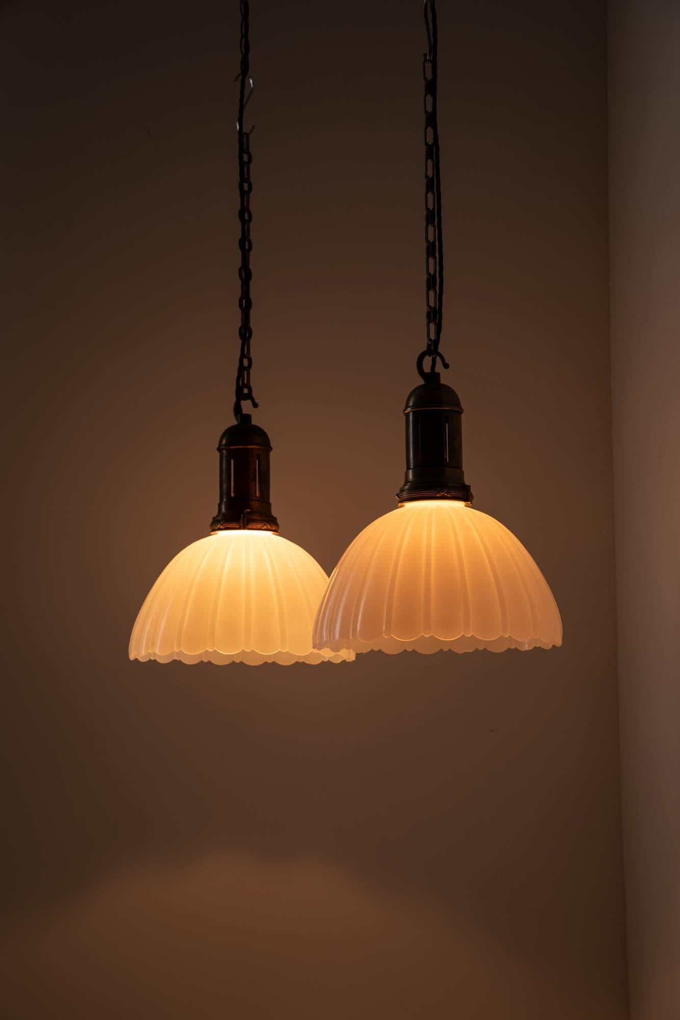 Mid-20th Century Pair of Antique Art Deco Large GEC Moonstone Opaline Glass Light Pendant, C.1930