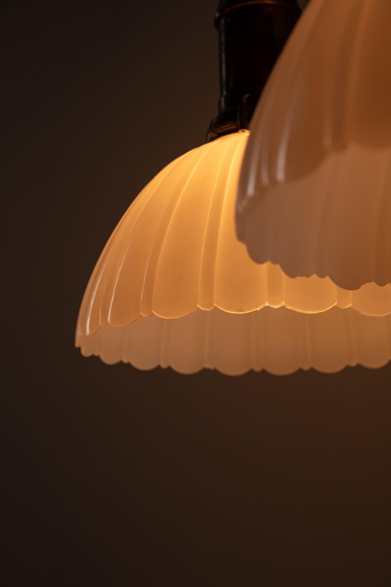 Brass Pair of Antique Art Deco Large GEC Moonstone Opaline Glass Light Pendant, C.1930