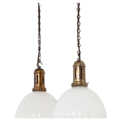 Pair of Antique Art Deco Large GEC Moonstone Opaline Glass Light Pendant, C.1930
