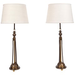 Pair of Antique Art Deco or Beaux Arts Tall Metal Lamps with Aged Brass Finish